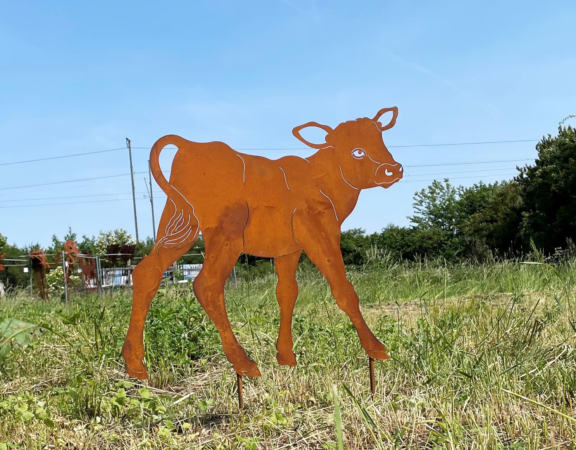 STEINFIGURENWELT GIEBEN Kuh Kalb 52x56cm Gartenstecker Edelrost Gartendeko Wetterfest Rost Metall Rostfigur Bauernhof Tier