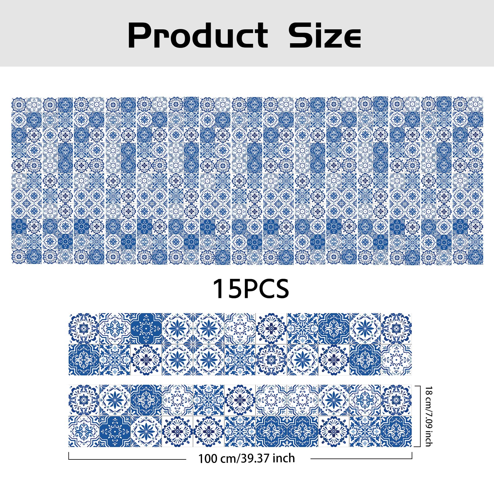 PLIGREAT 15 paquetes de pegatinas para escaleras azules y blancas con patrón de azulejos autoadhesivos para escalera creativa para bricolaje renovación de escaleras en casa o hotel 18 x 100 cm