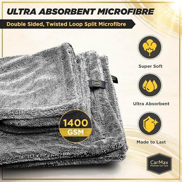 CarMax® - Panno Asciugatura Auto in Microfibra Twisted Loop – Alta Assorbenza – Asciuga Senza Aloni – Sicuro su Vernice e Vetri - XL (60cm x 40cm) - 3