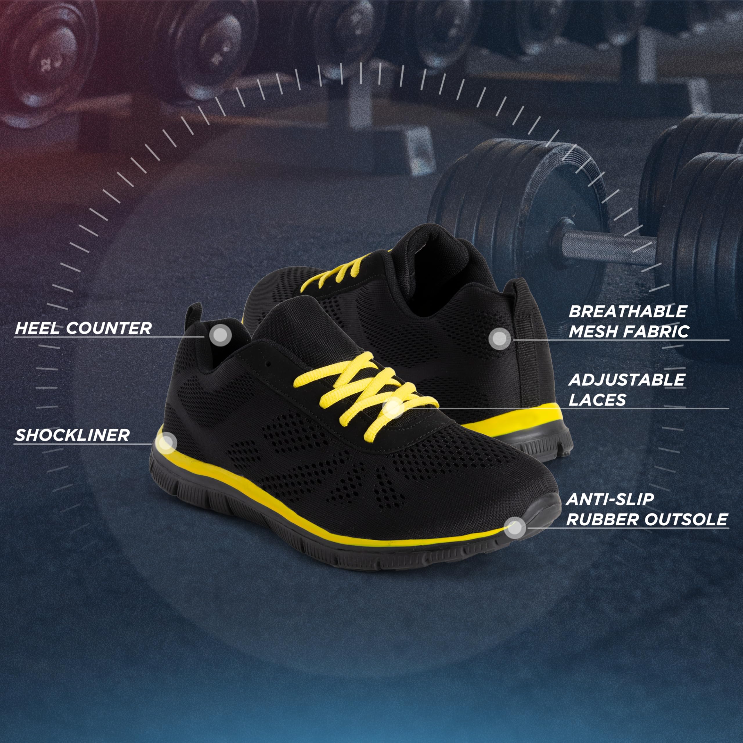 Get Fit Men’s Lightweight Cushioned Trainers - Breathable Mesh Gym Running Shoes - Comfortable Lace-Up Athletic Sneakers, Shock-Absorbing Non-Slip Sole - Black/Yellow - 12