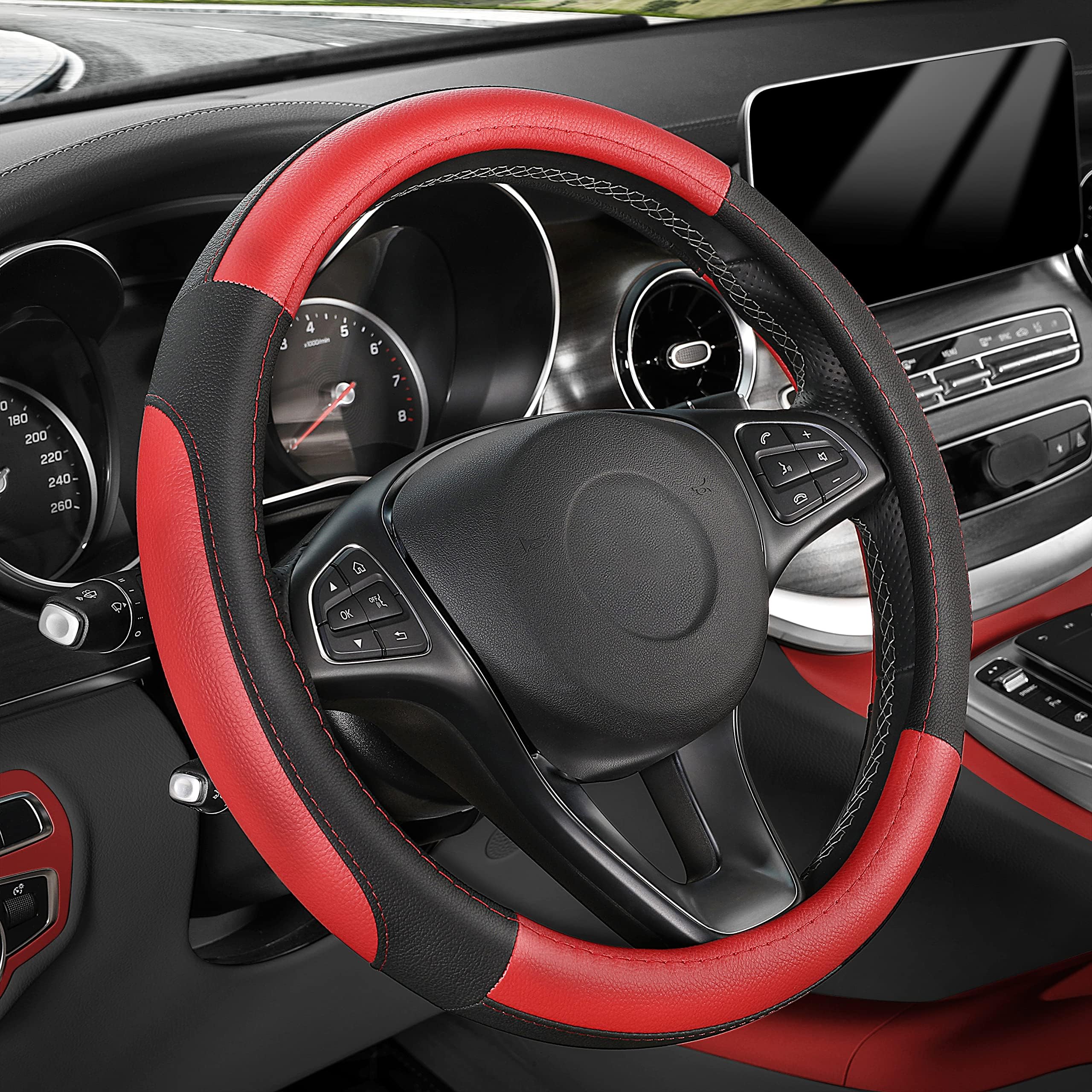 SEG Direct Car Steering Wheel Cover for Prius Civic Model 3 Model Y Camaro, Small Size 14-14.25 inch, Black and Red Microfiber Leather