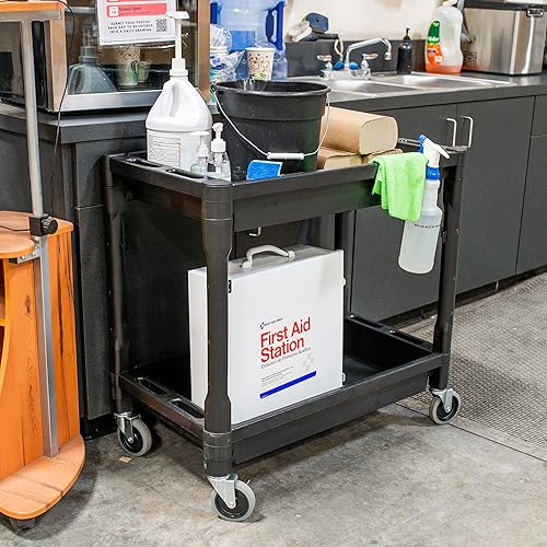 Miniatura 6 de BISupply Carrito de plástico con ruedas, paquete de 3  Carrito de trabajo comercial con ruedas con 2 estantes para garaje, restaurante o aula