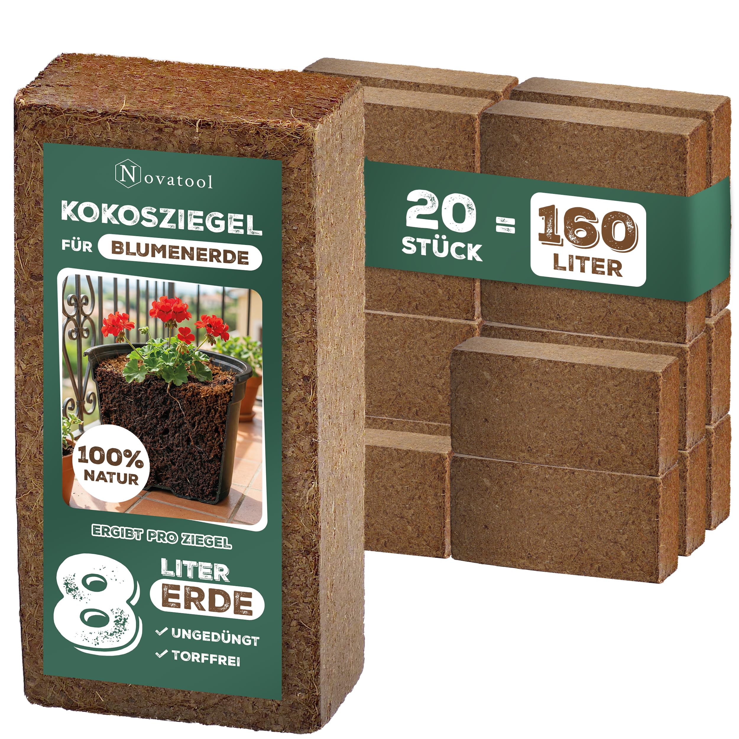 20 x ziemia do kwiatów, ziemia do uprawy roślin bez nawozu, 160 litrów, włókno kokosowe, orchidea, kokos, humus, 650 g, 20 x 5,5 x 10 cm, do ogrodu, ziemi kokosowej, ziemi