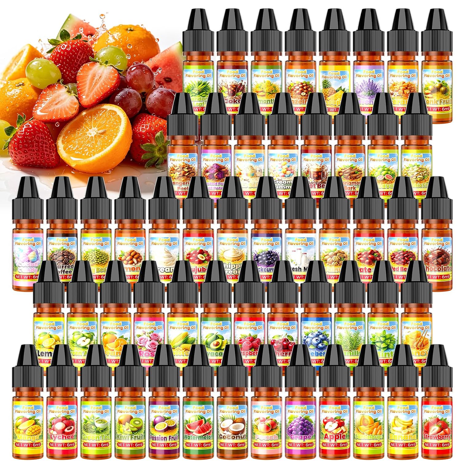 Food Flavoring Oil - 54 Liquid Candy Flavoring, Strawberry Lemon Pineapple Blueberry Watermelon Extract, Food Grade Cotton Candy Flavoring for Baking, Drinks, Lip Gloss, Cooking - 0.25Fl Oz