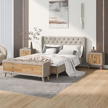 Harper & Bright Designs Queen Bedroom Set: Premium 4-Piece Upholstered Bed, Nightstands & Bench
