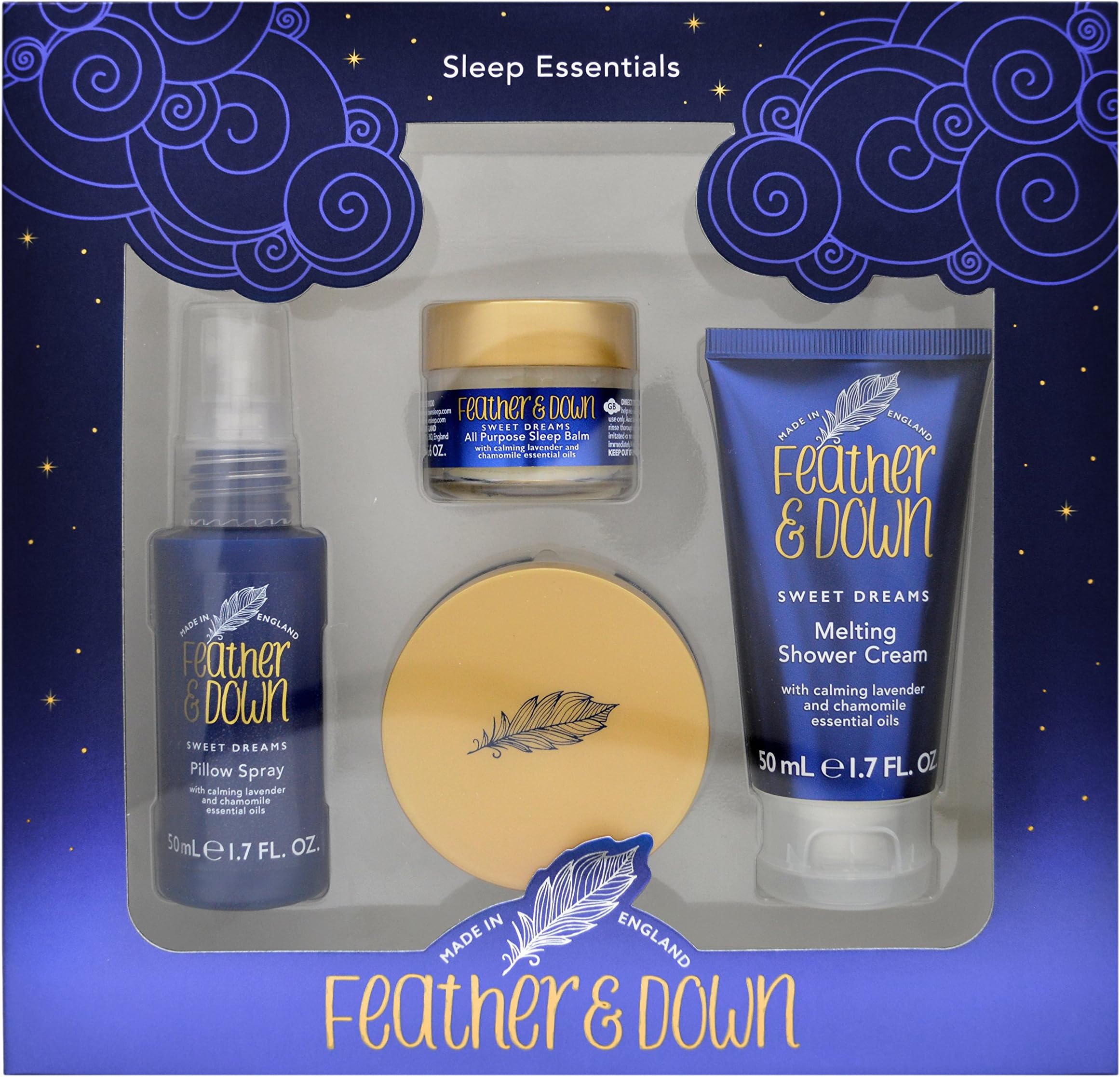 Feather & Down Sweet Dream Sleep Essentials Gift Set (50ml Pillow Spray, 50ml Melting Shower Cream, 16g All-Purpose Sleep Balm & 50ml Sleep Butter) - Cruelty Free & Vegan Friendly.