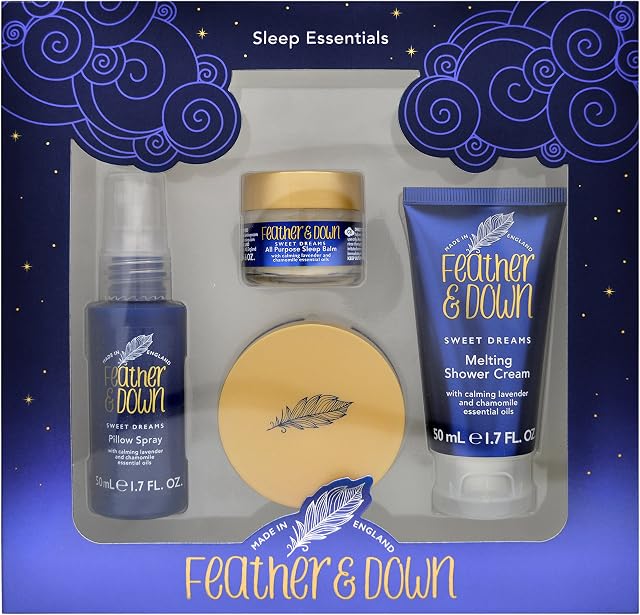 Feather & Down Sweet Dream Sleep Essentials Gift Set (Includes Pillow Spray, Sleep Balm, Shower Cream & Body Butter) - With Lavender and Chamomile Essential Oils.