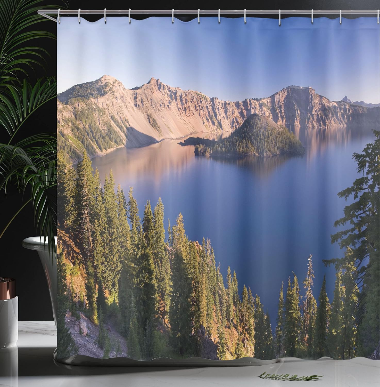 Ambesonne Lake Forest Shower Curtain, Crater Lake Volcano Oregon American Scenery, Cloth Fabric Bathroom Decor Set with Hooks, 69" W x 70" L, Dark Khaki Pale Peach Violet Blue Azure Blue