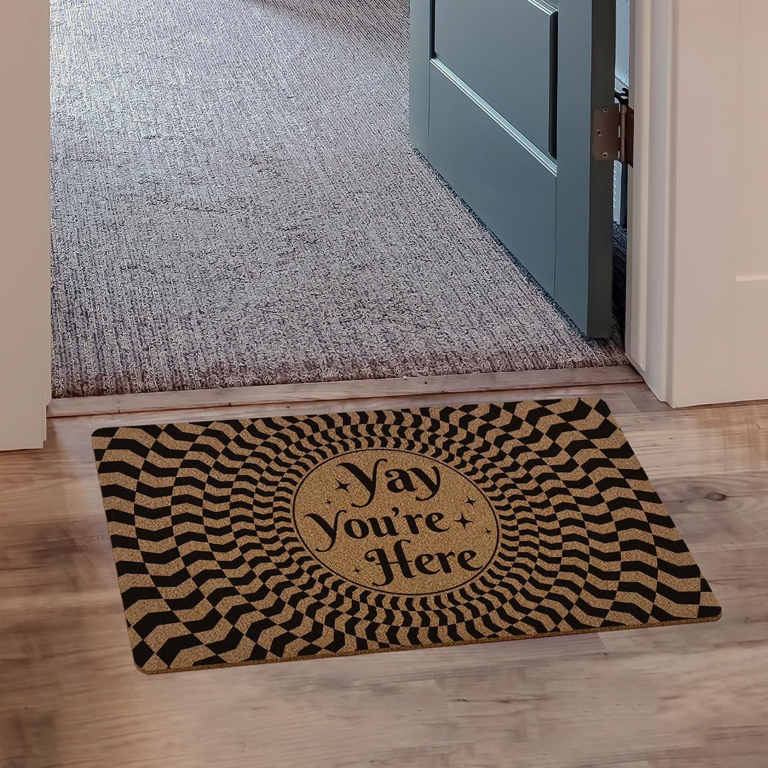 Funny 3D Optical Illusion Welcome Door Mat, Yay You're Here Black Vortex Artificial Coir Front Door Mat Indoor Outdoor Entrance, Cute Abstract Doormat Rug for Porch Entryway Patio Decor,17X30