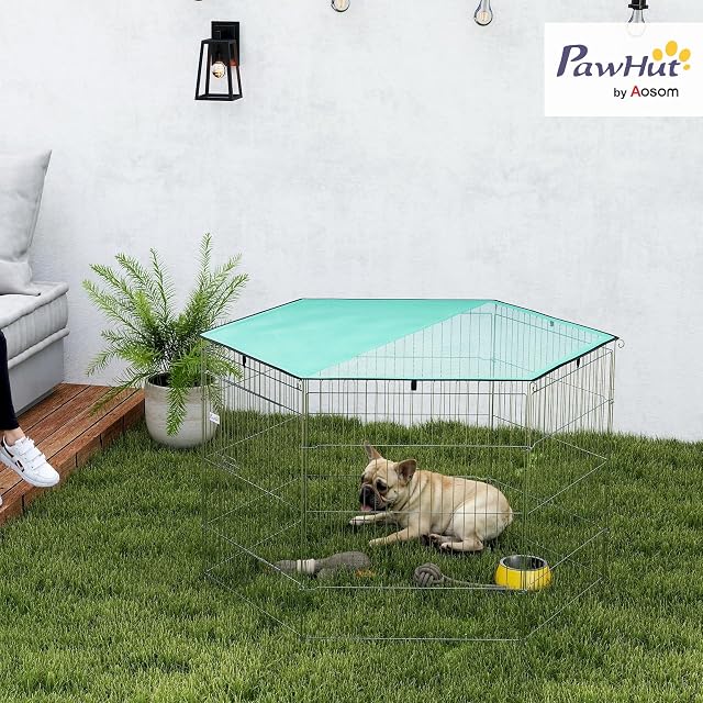 Foto 2 de 8 de PawHut Cercado Perros 8paneles con Techo 76cm conpuerta Plata Verde