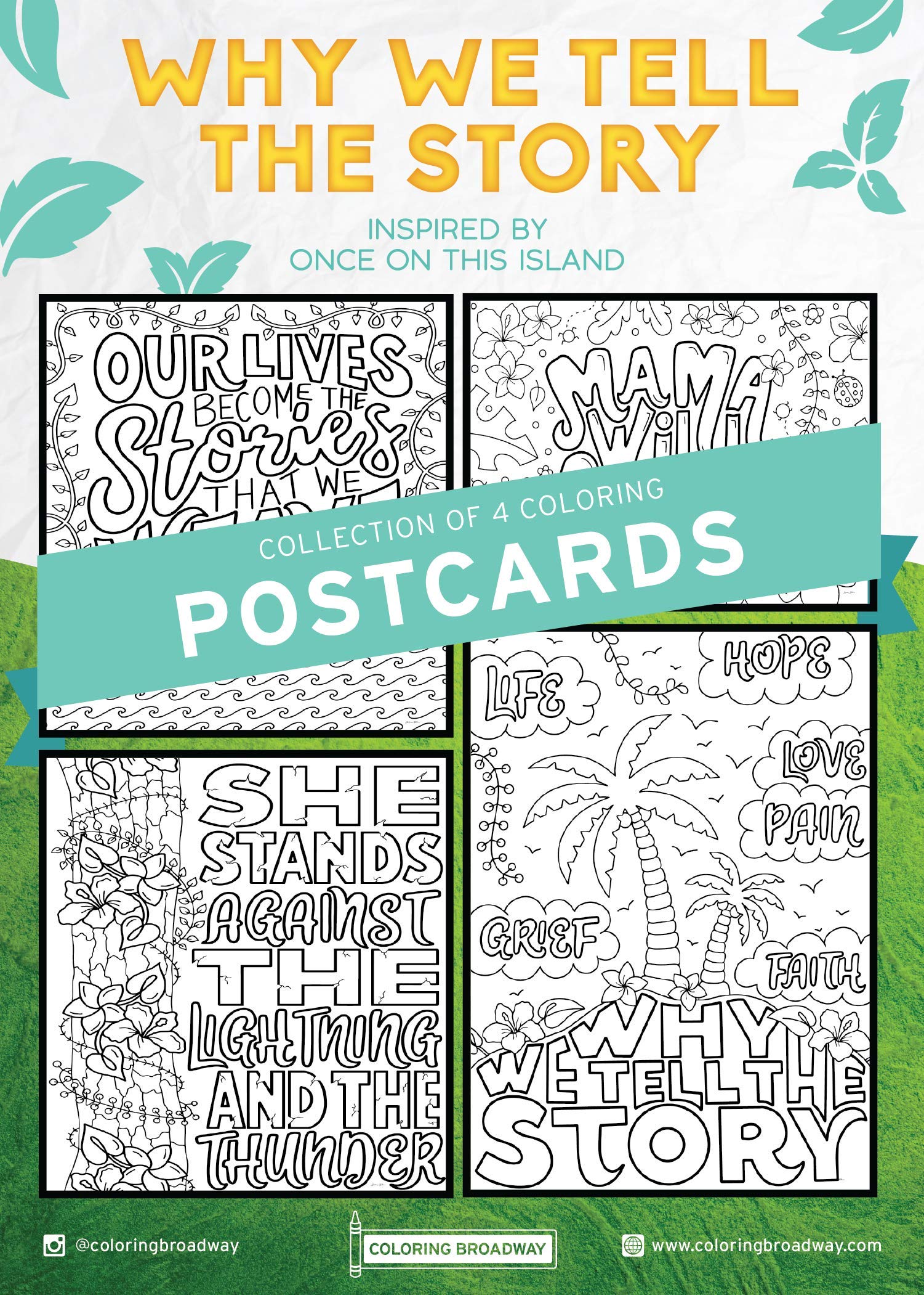 Coloring Broadway - ONCE ON THIS ISLAND inspired Coloring Postcards (Set of 4) "Why We Tell The Story" Collection, Broadway Musical Merchandise, Ideal Gift for a Broadway Theater Lover