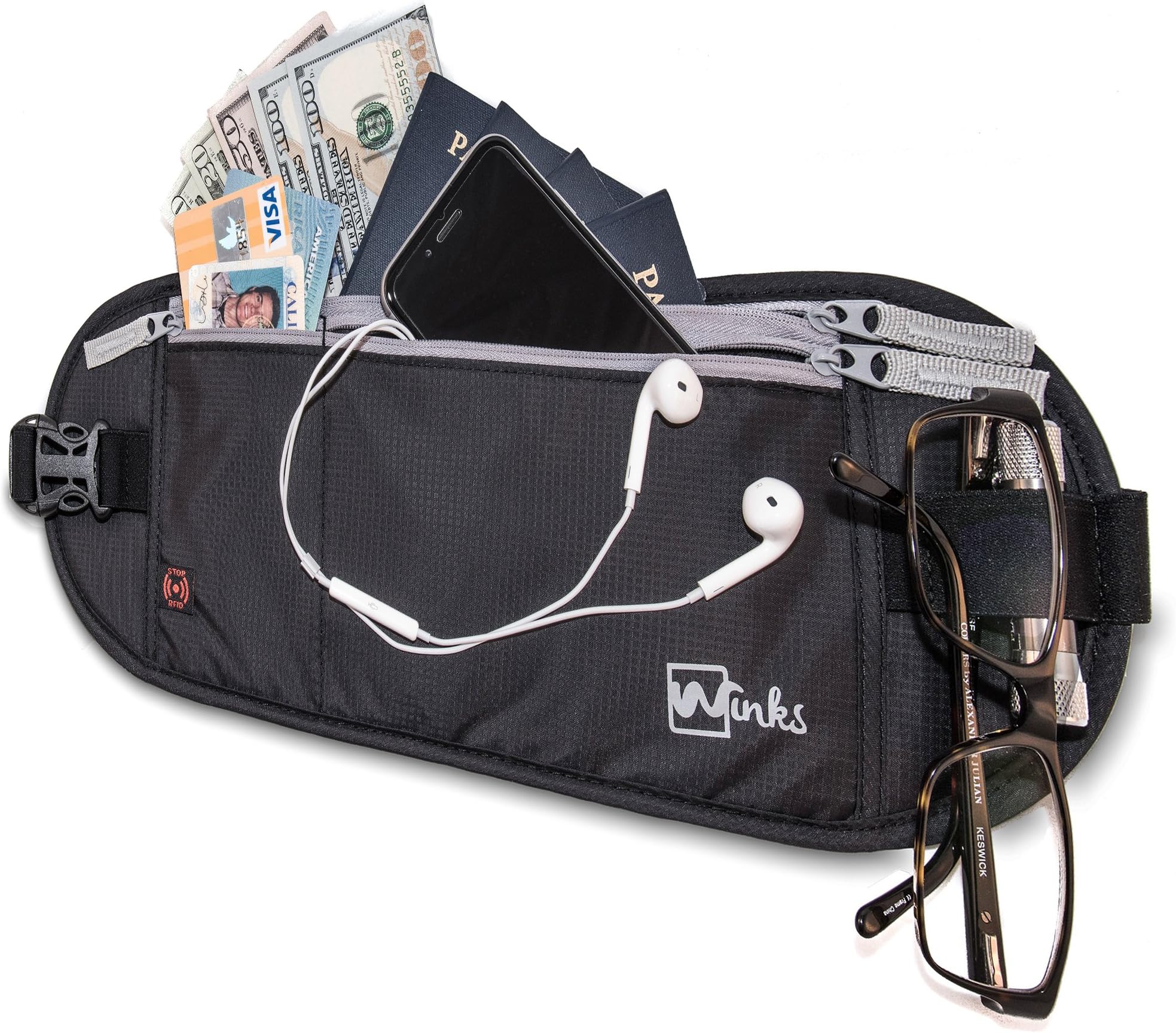 Winks Money Belt Travel Pouch Wallet - RFID Security for Travel, Cycling, Running