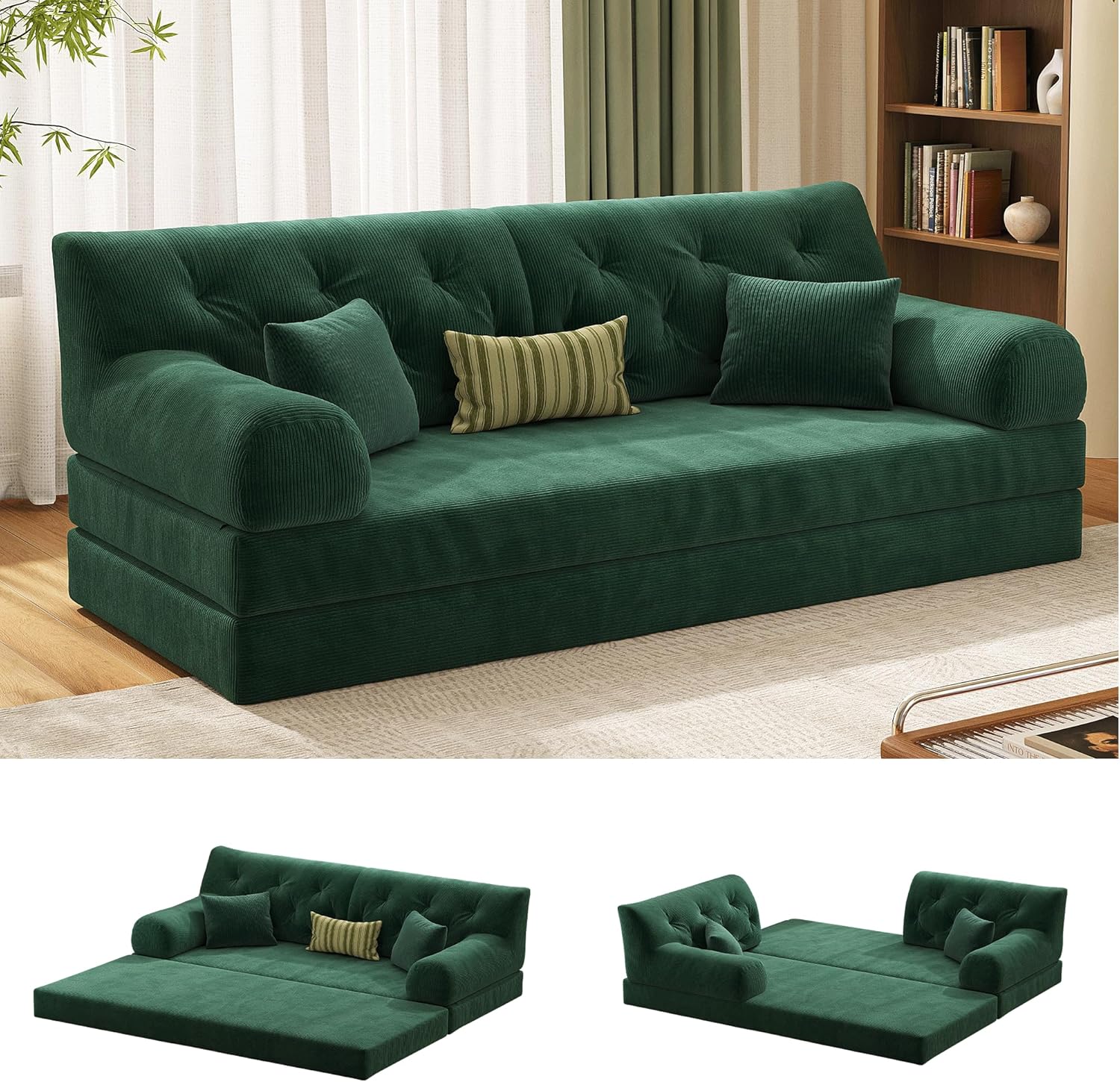 79" 5-in-1 Folding Convertible Sofa Bed, Loveseat Sleeper with Pull-Out Bed, Floor Sofa Modular Futon Couch, Oversized Corduroy Upholstered Boneless Couch for Living Room, Bedroom, LoungeïŒGreen-C
