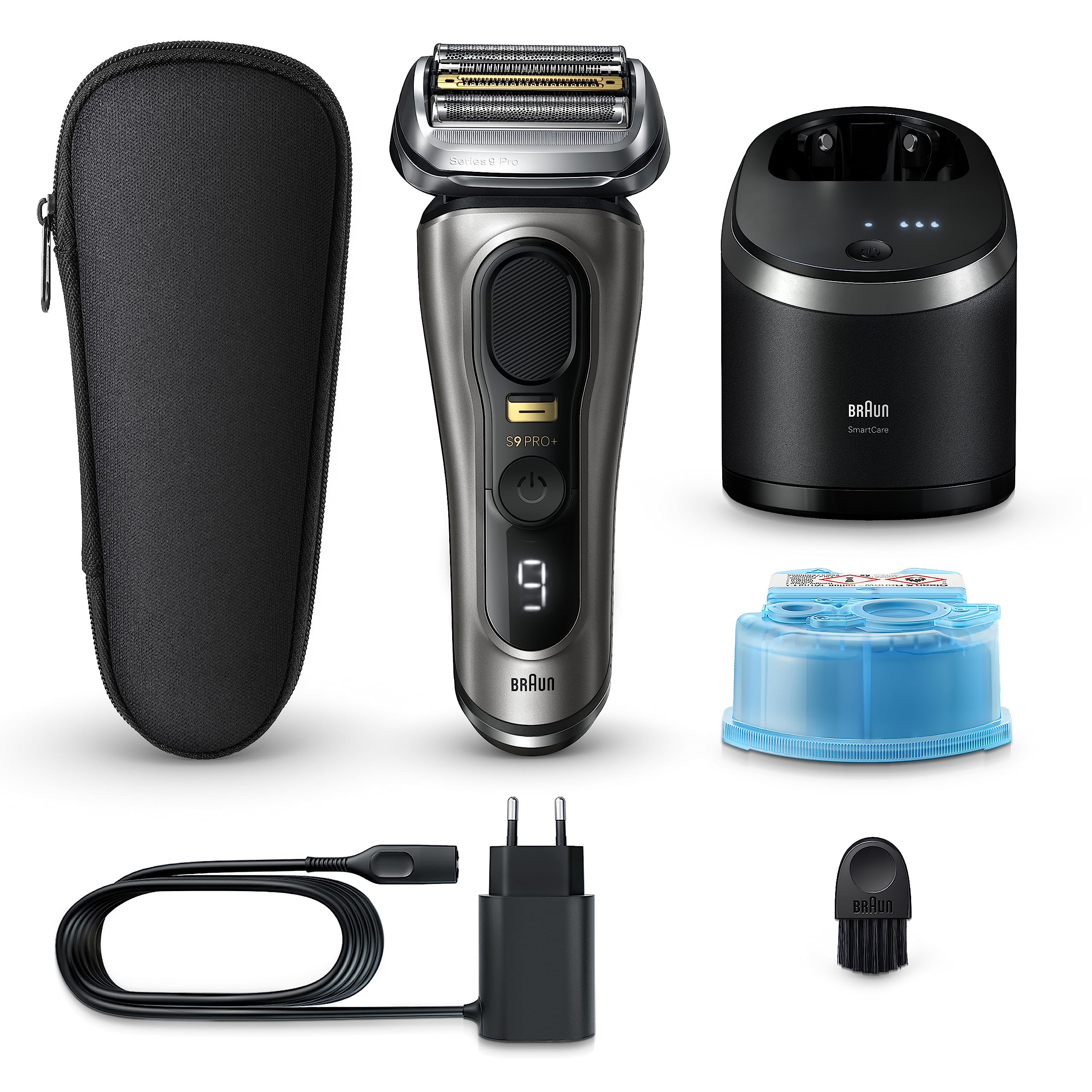 Braun Series 9 Pro+ Rasierer Herren Elektrisch, Elektrorasierer mit 5 Pro Rasierelementen, Langhaarschneider ProTrimmer & Reinigungsstation, 60 Min Laufzeit, Made in Germany, 9565cc, Edelmetall