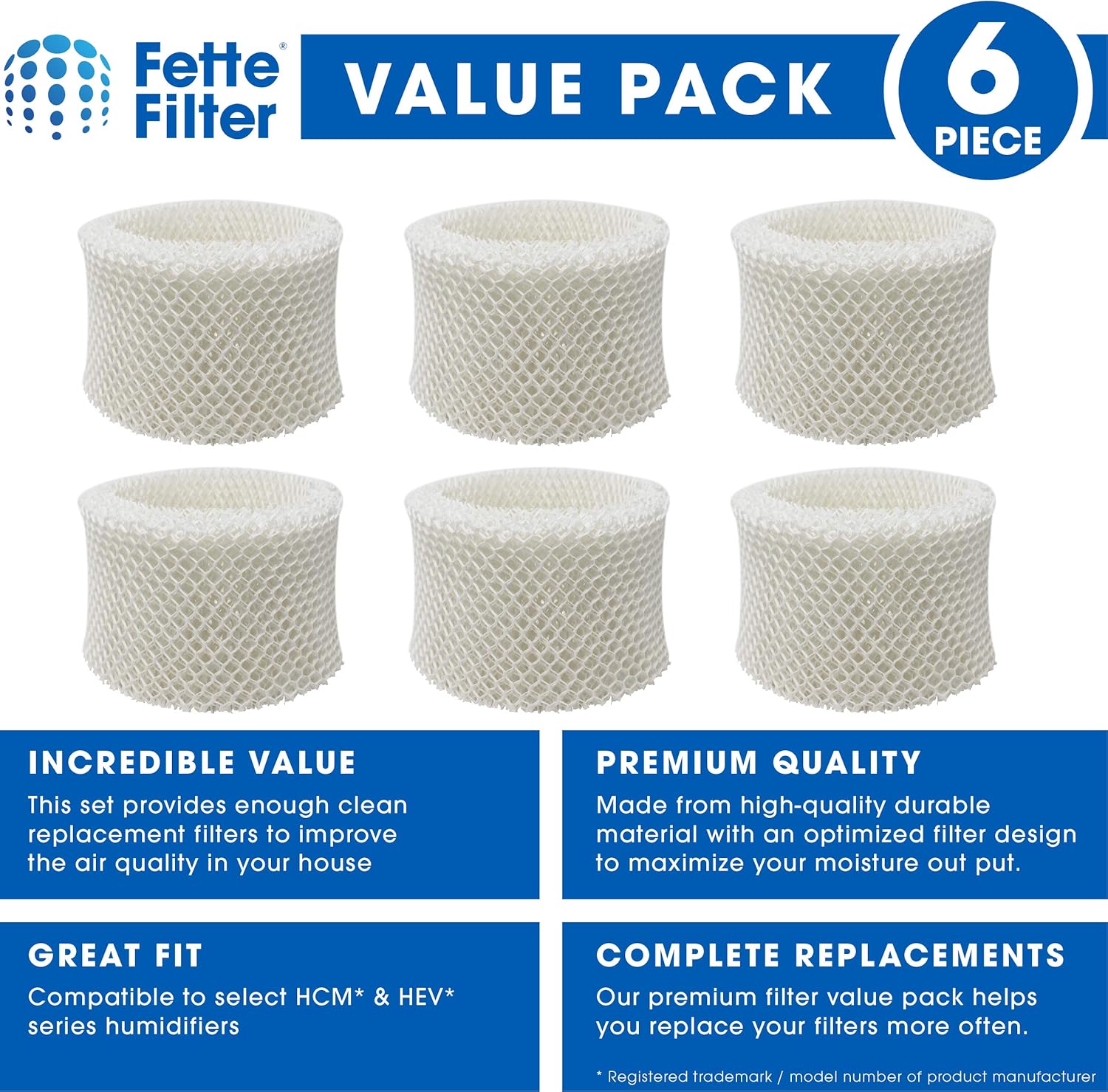 Fette Filter -Premium Humidifier Filters Compatible with Honeywell Humidifier Filter HAC-504, HAC-504AW & Honeywell Filter A & Cool Mist Humidifiers- Pack of 6