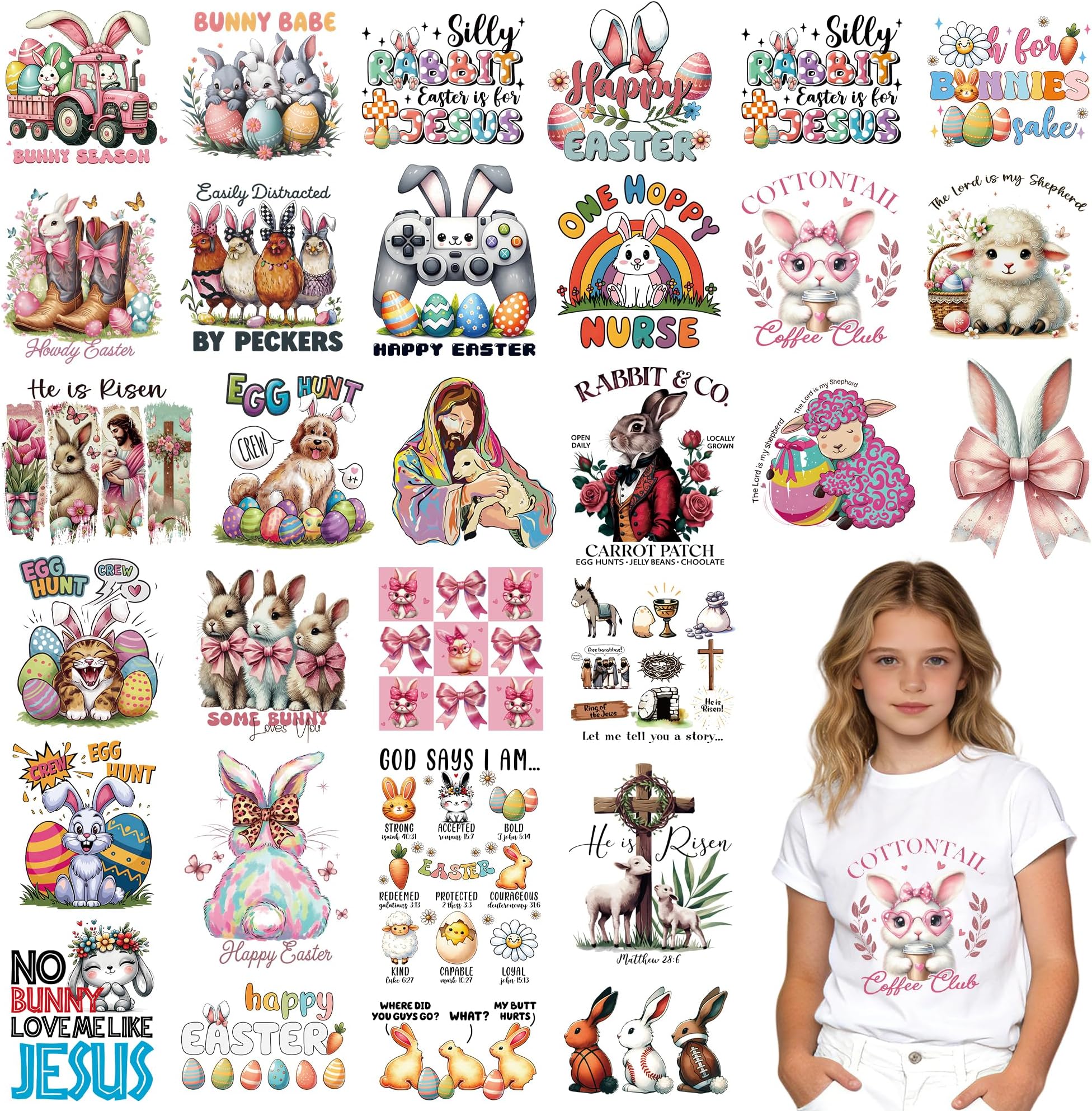Dazoratix Easter Day Iron on Transfer - 30 Sheets Cute Happy Bunny Egg DTF Ready to Press for T Shirts Heat Patches Bulk Jesus Stickers Vinyl Decals for Clothes Pillow Bag DIY Crafts Gifts Decorations
