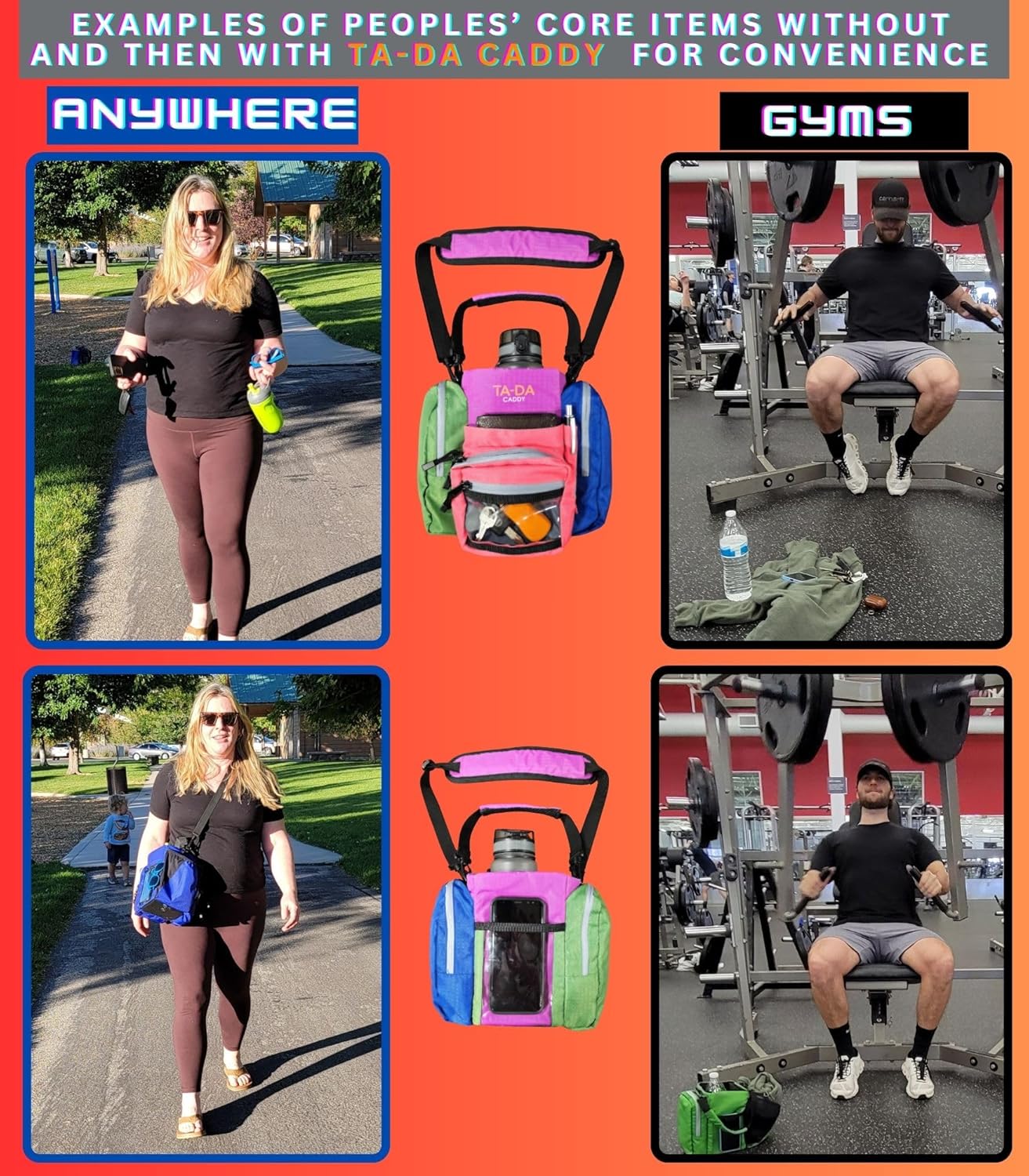 TA-DA Caddy Bag Everywhere you Go | Core Items are Bottle Phone Keys Wallets Etc., so Easy Access and more Convenient than Purse, Carrier, Crossbody, Messenger, Duffle, Fanny, Tote | W-7 H-10 L-10 |