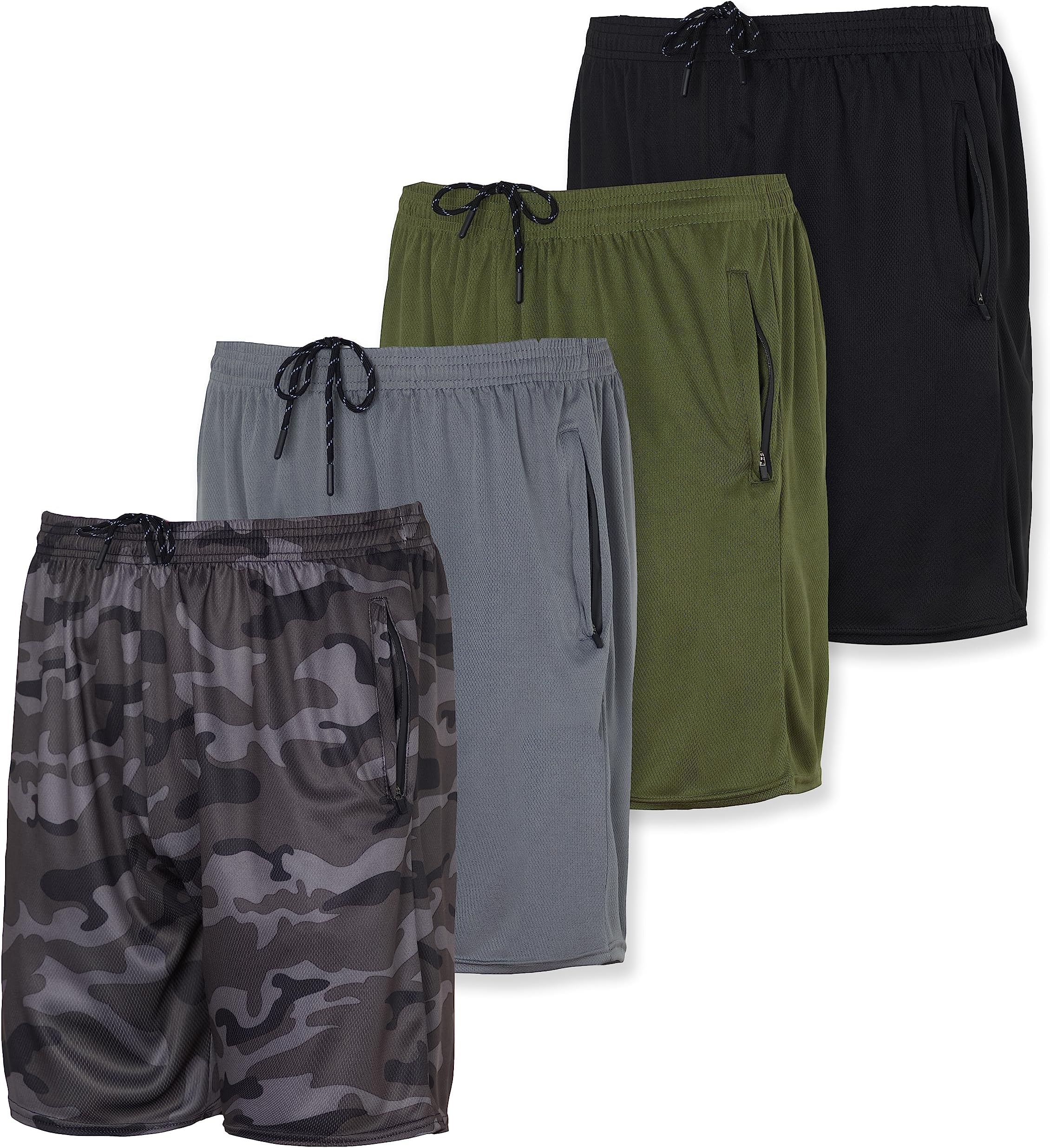 Real Essentials4 Pack: Men's 7" Athletic Running Quick Dry Mesh Shorts with Zipper Pockets (Available in Big & Tall)