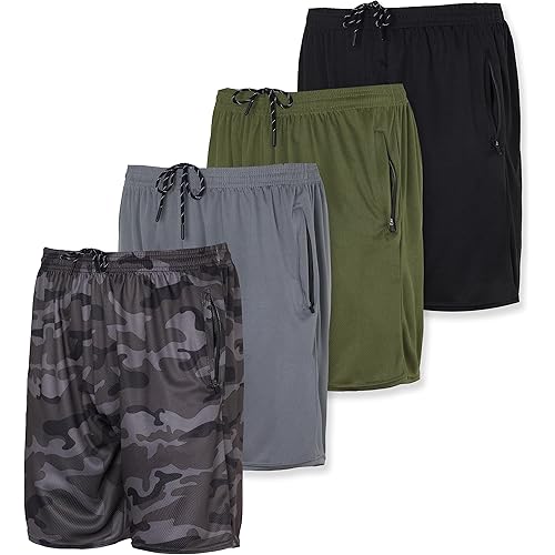 Real Essentials 4 Pack: Men's 7" Athletic Running Quick Dry Mesh Shorts with Zipper Pockets (Available in Big & Tall)
