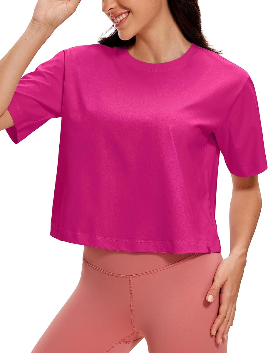 CRZ YOGA Camisas de manga corta de poliéster de algodón de corte holgado para mujer Camisetas cortas de entrenamiento casual