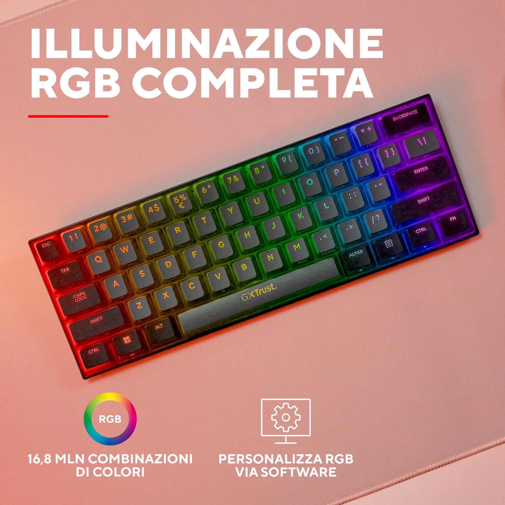 GXTrust Revyn Tastiera Gaming Meccanica 60% Mini Layout Italiano QWERTY | Tri-Mode 2.4GHz/Bluetooth/USB, Batteria de 50 Ore, Ricaricabile, RGB, Keyboard per PC Laptop, Grigio/Nero