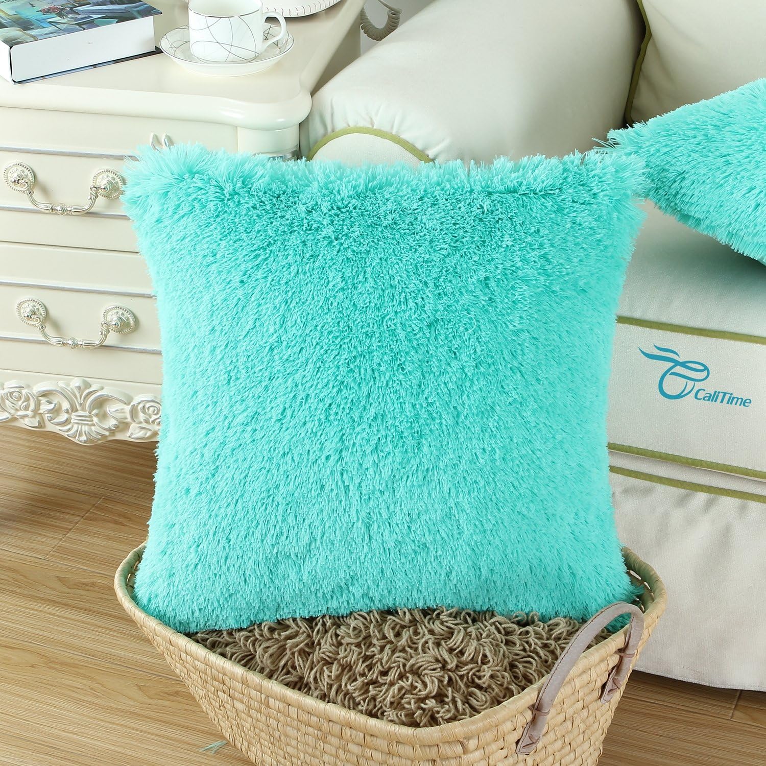 CaliTime Pack of 2 Super Soft Throw Pillow Covers Cases for Couch Sofa Bed Solid Plush Faux Fur 18 X 18 Inches Turquoise