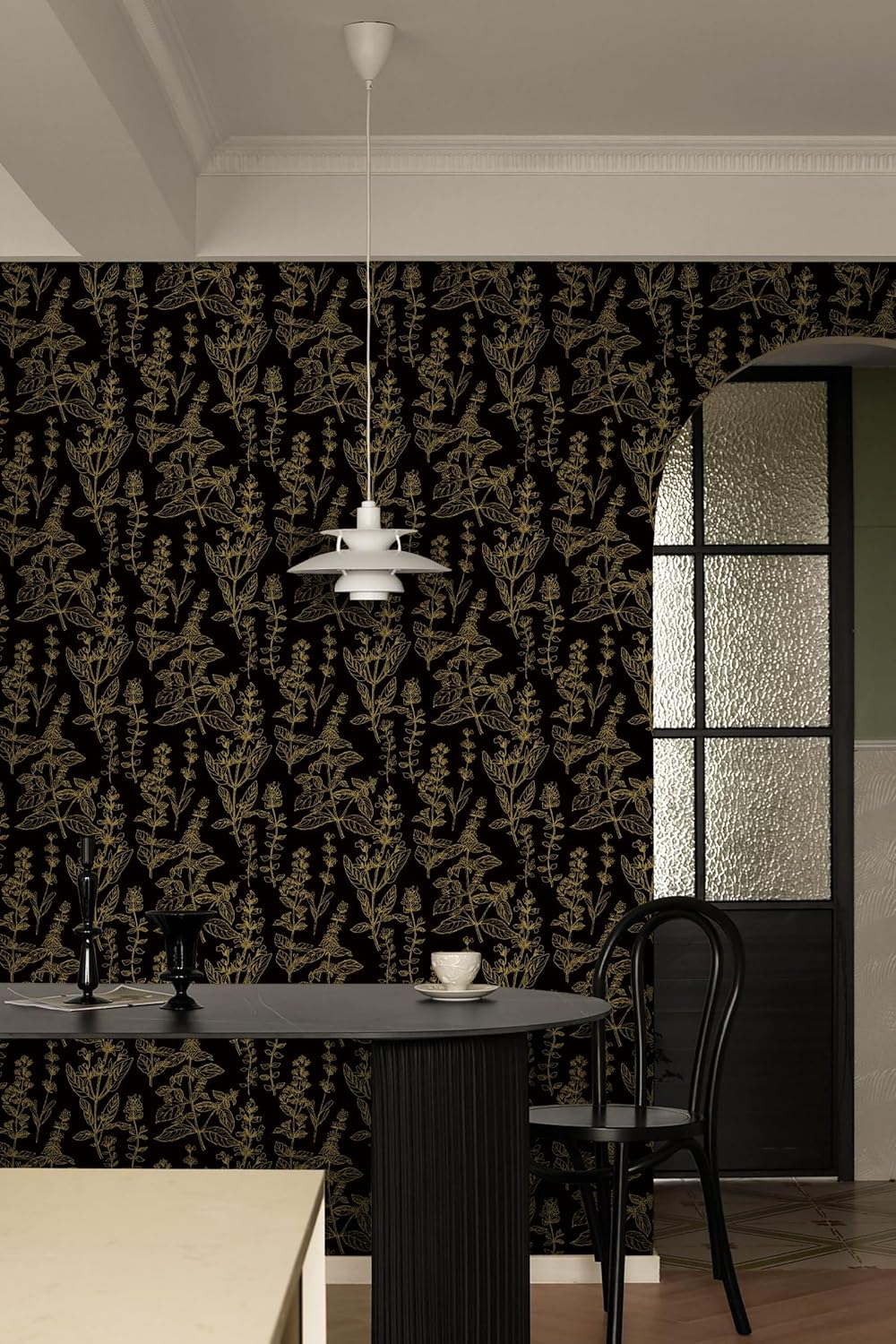 Peel and Stick Wallpaper Black and Gold Wallpaper Peel and Stick Black Wall Paper for Bathroom/Bedroom Floral Contact Paper for Cabinets Removable Self Adhesive Vinyl Wall Decor 394"x17.3"