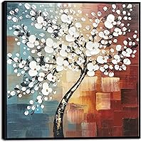 Vista 1 de Wieco Art Arte enmarcado Morning Glory moderno abstracto de flores blancas pinturas al óleo sobre lienzo, arte de pared, arte floral para sala