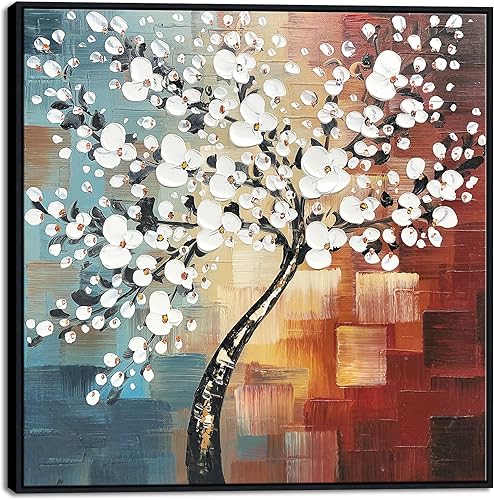 Wieco Art Arte enmarcado Morning Glory moderno abstracto de flores blancas pinturas al óleo sobre lienzo, arte de pared, arte floral para sala de