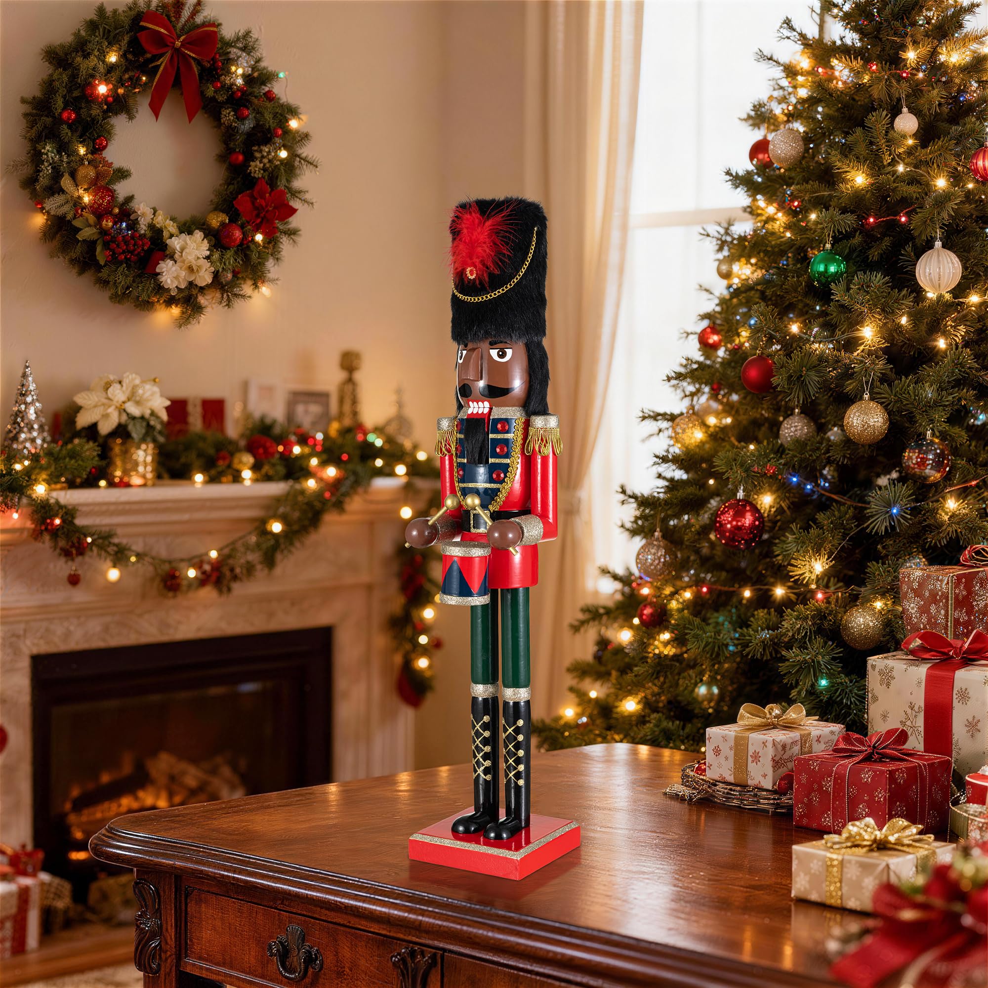 Glitzhome 24" H Wooden Christmas Nutcracker Ornaments African Soldier Nutcracker Figurine Christmas Table Decor Traditional Christmas Decor for Tables Desktop Porch Holiday Festive