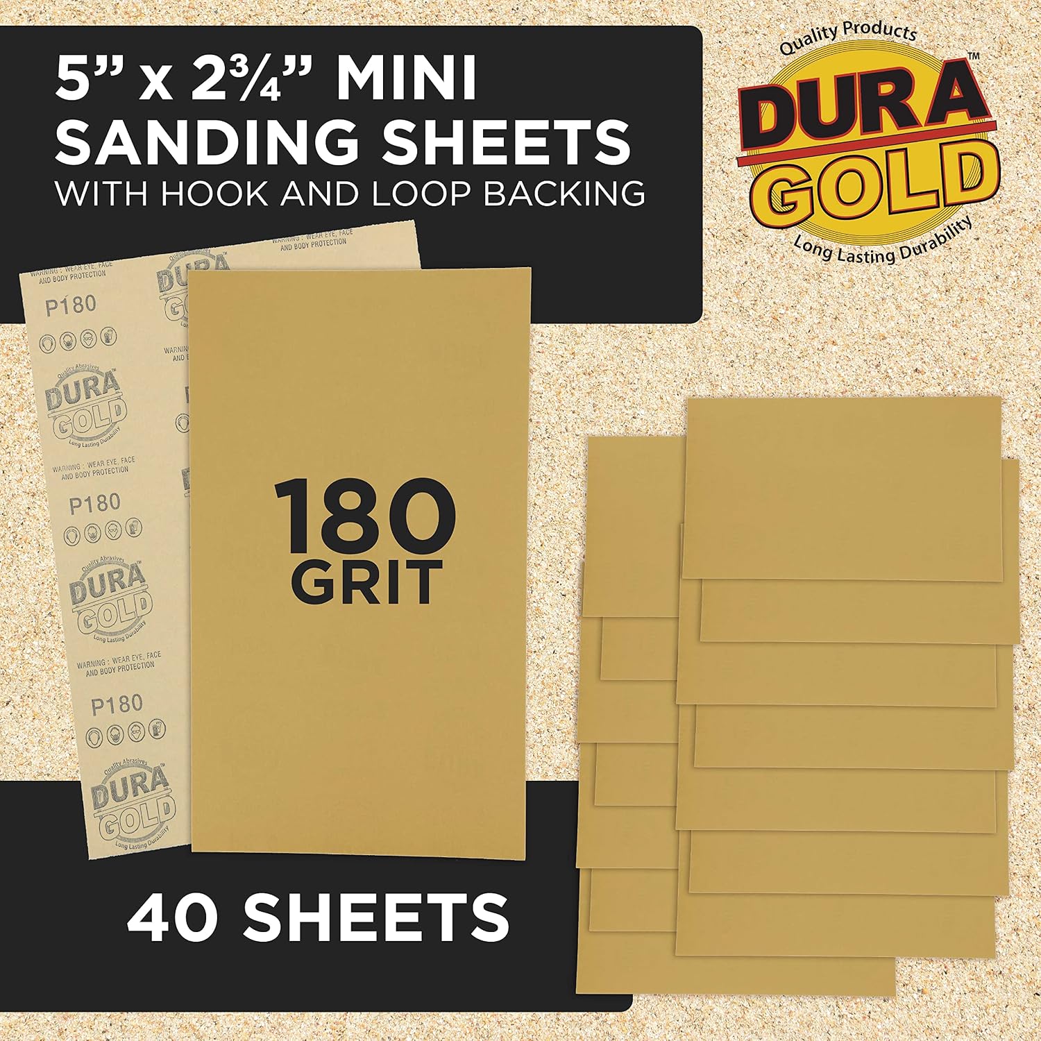 Dura-Gold Premium 5" x 2.75" Gold Sandpaper Sheets, 180 Grit (Box of 40) image 2