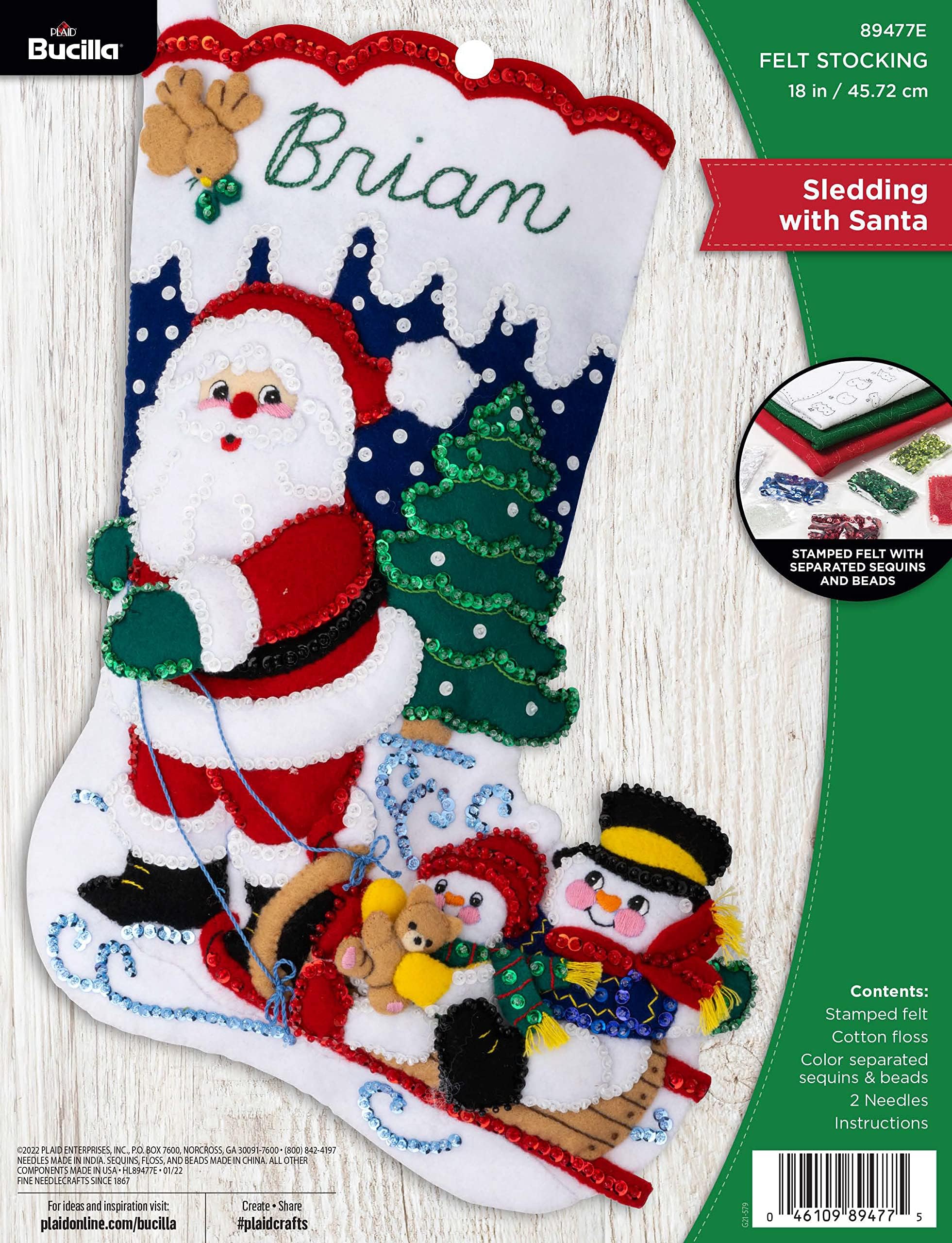 Felt Applique 18" Stocking Making Kit, Sledding with Santa, Perfect for DIY Arts and Crafts, 89477E