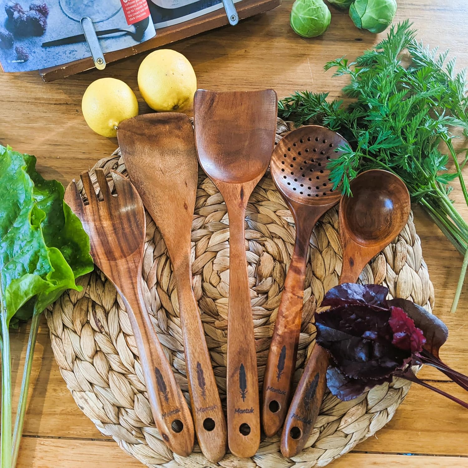 5 Pcs Natural Teak Wood Cooking Utensils Set for Kitchen, Spoon Set.