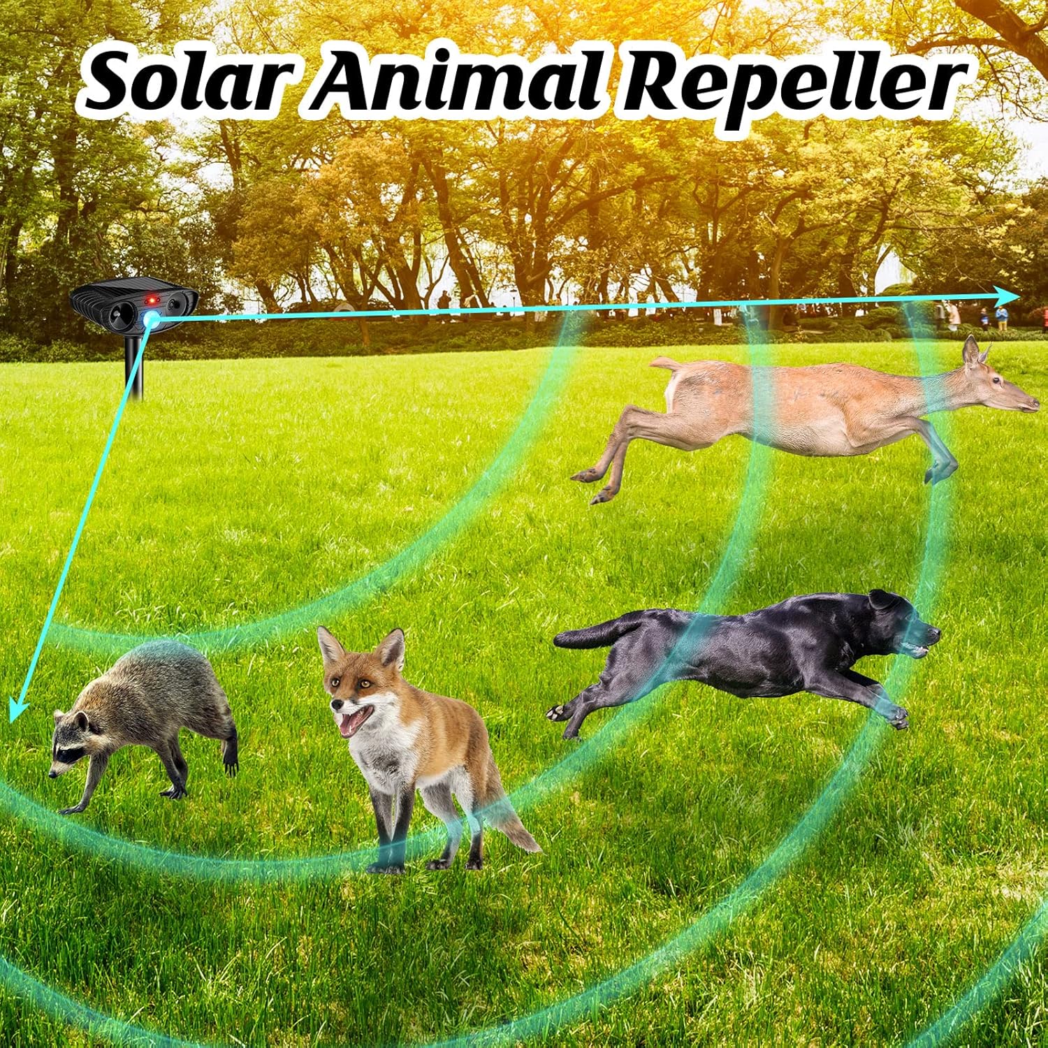 Ultrasonic Animal Repellent Outdoor Solar Powered Repeller Cat Dog Deer Deterrent Waterproof Motion Sensor Deterrent for Yard Garden Rabbit Squirrels Fox Pest(Black,2 Pieces)