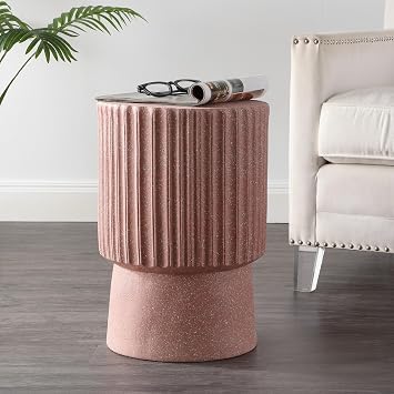 JONATHAN Y Louisa 19" Fluted Outdoor Accent Table, All-Weather Pink Terrazzo Pedestal Garden Stool, Small Round Side Table for Patio, Porch, and Living Room TBL1102C