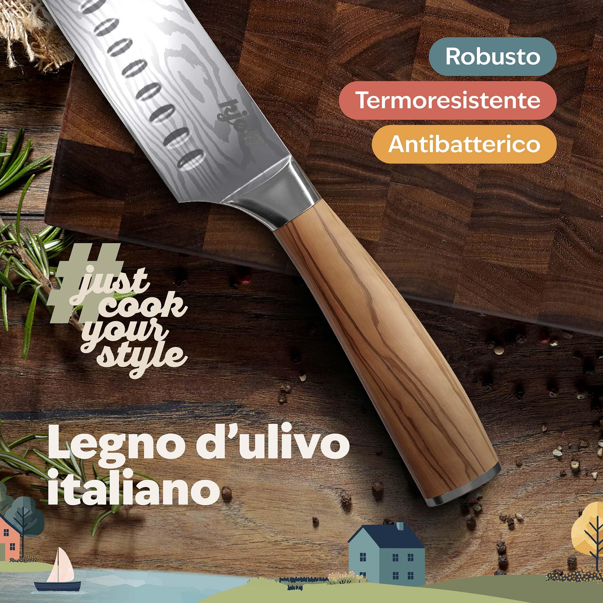 kjøk Premium Coltello Santoku lama 17cm in acciaio 7cr durezza 58±2 HRC coltello da cucina giapponese manico ergonomica in legno d'ulivo coltello professionale da chef lama ultra affilata