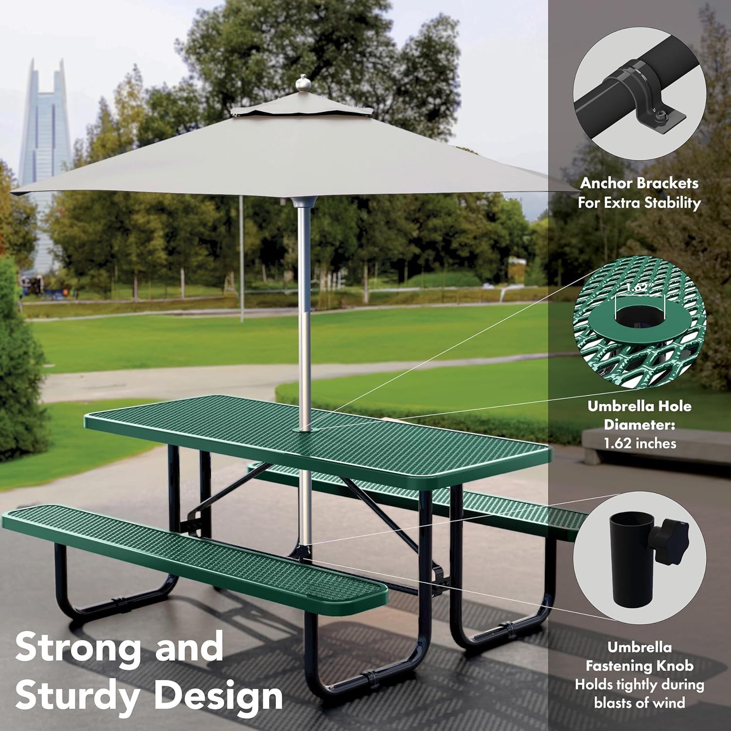 Commercial Heavy-Duty Metal Picnic Table - ADA Compliant, Adjustable Seats, Umbrella Hole, Expanded Metal (Green, 6' Rectangular)