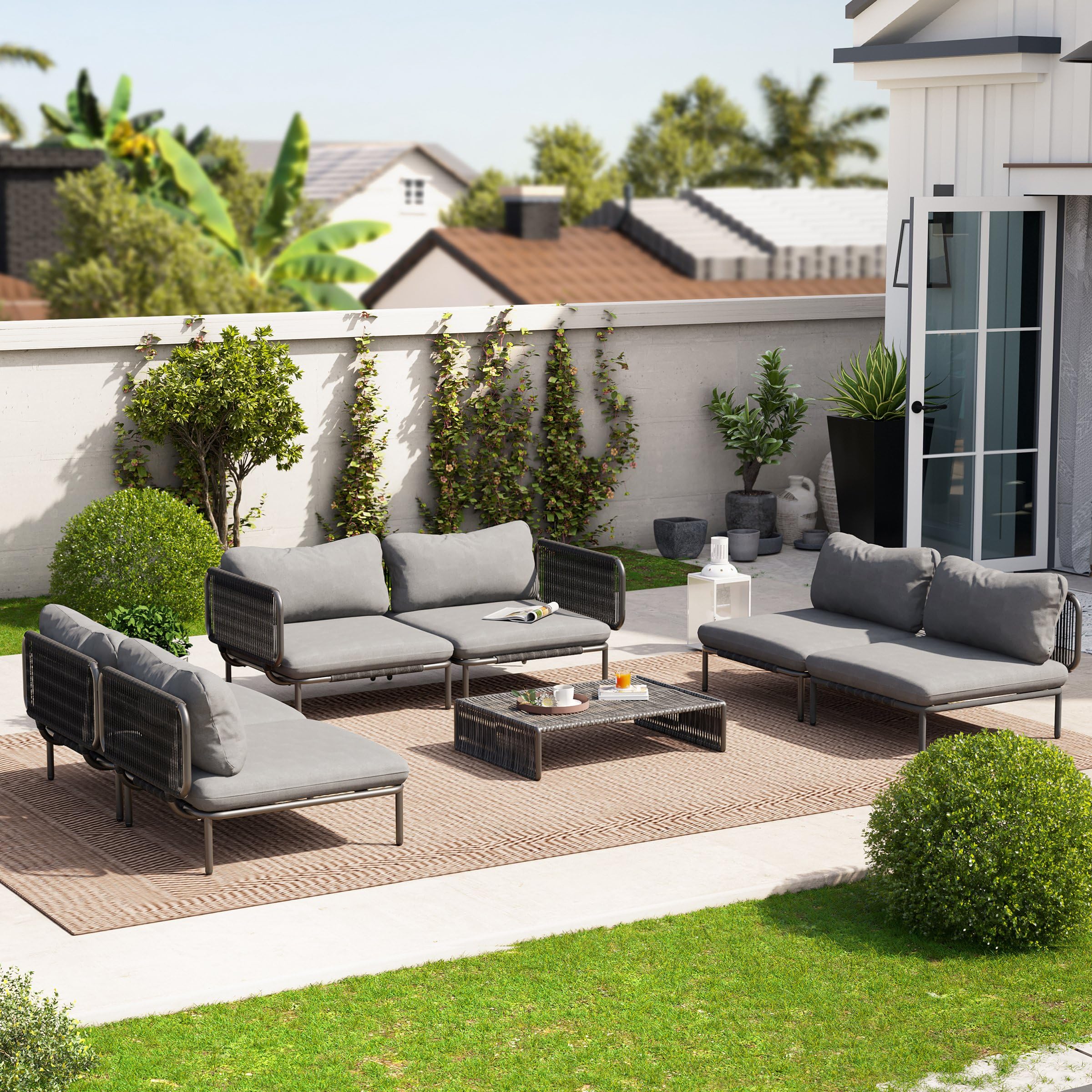 Oversized Outdoor Couch, 6-Seater Modular Sectional Sofa with Cushions