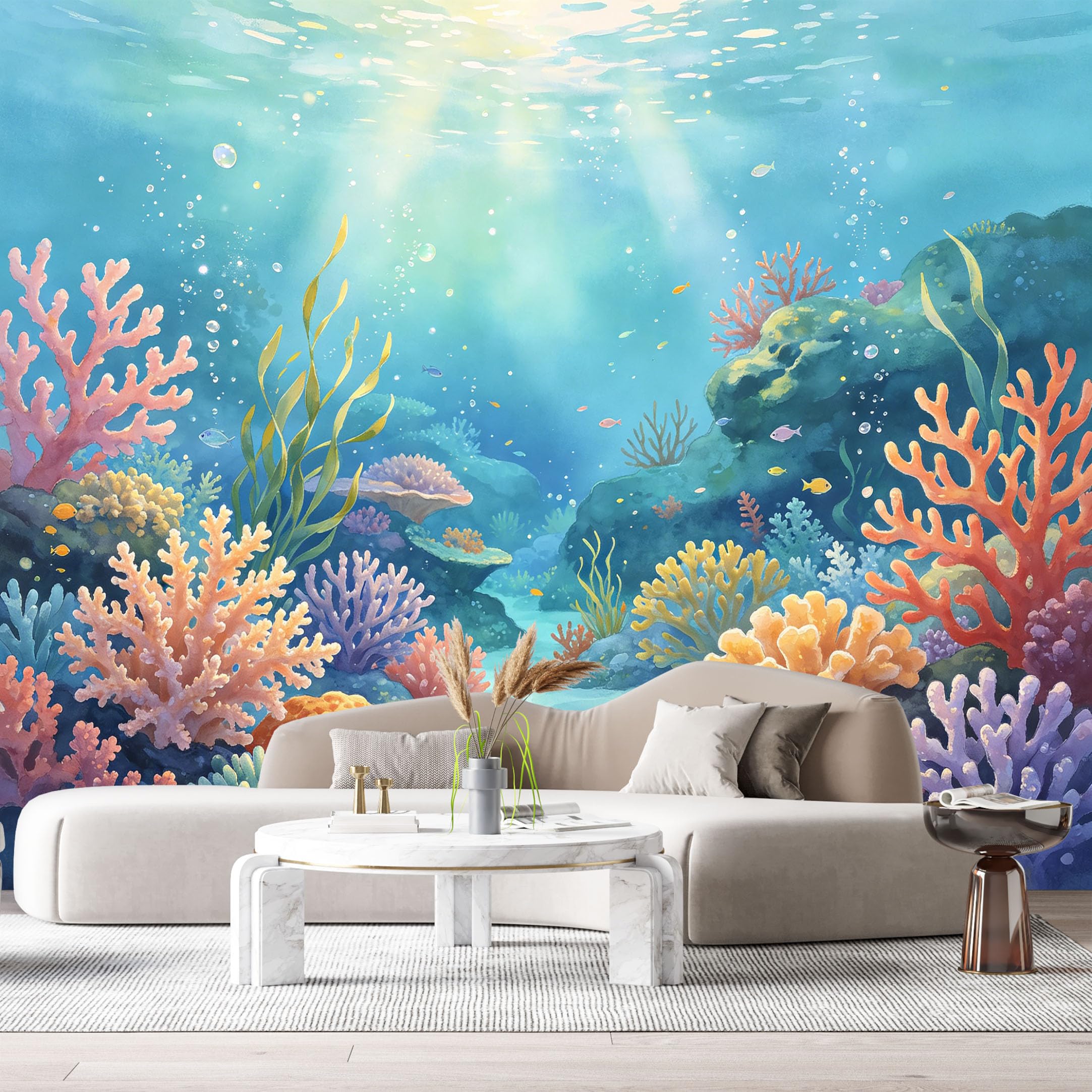 Custom Size Wall Murals Ocean Marine Watercolor Coral Reef Underwater World SelfAdhesiveWall Fabric Removable Wallpaper Wall Decor for Living Room Bedroom Bathroom