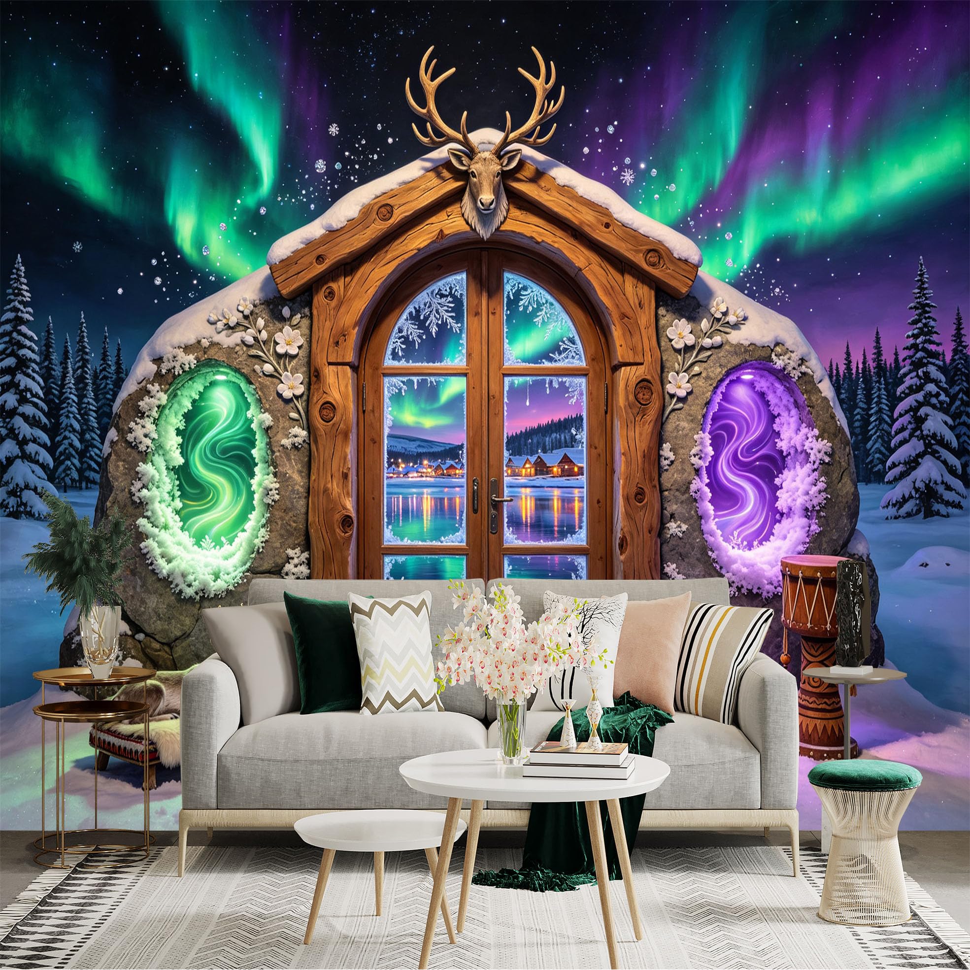 Custom Size Wall Sticker Mural， Aurora Winter Cabin with Deer and Crystal Portal， for wall Decoration， peelandstick wall Decals.