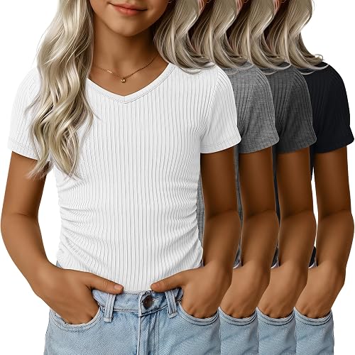 Langyiwee 4 Pack Girls Shirts Ribbed Knit Tops, 4-Color Set, 11-12 Years