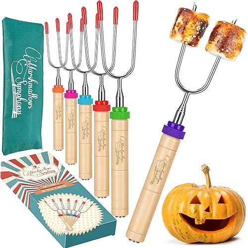 CARPATHEN Marshmallow Roasting Sticks - Set of 6 Premium Rotating Smores Sticks - Extra Long Telescoping Marshmallow Sticks for Fire Pit, Campfire & Bonfire - Camping Accessories
