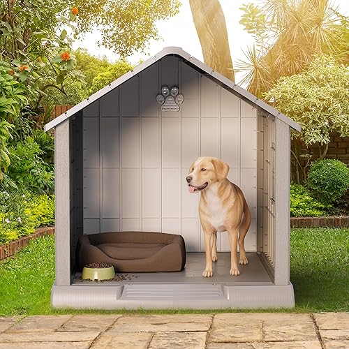Miniatura 8 de Casa grande para perros al aire libre e interior, para perros medianos y grandes, casa de perro impermeable de plástico duradero con rejillas de