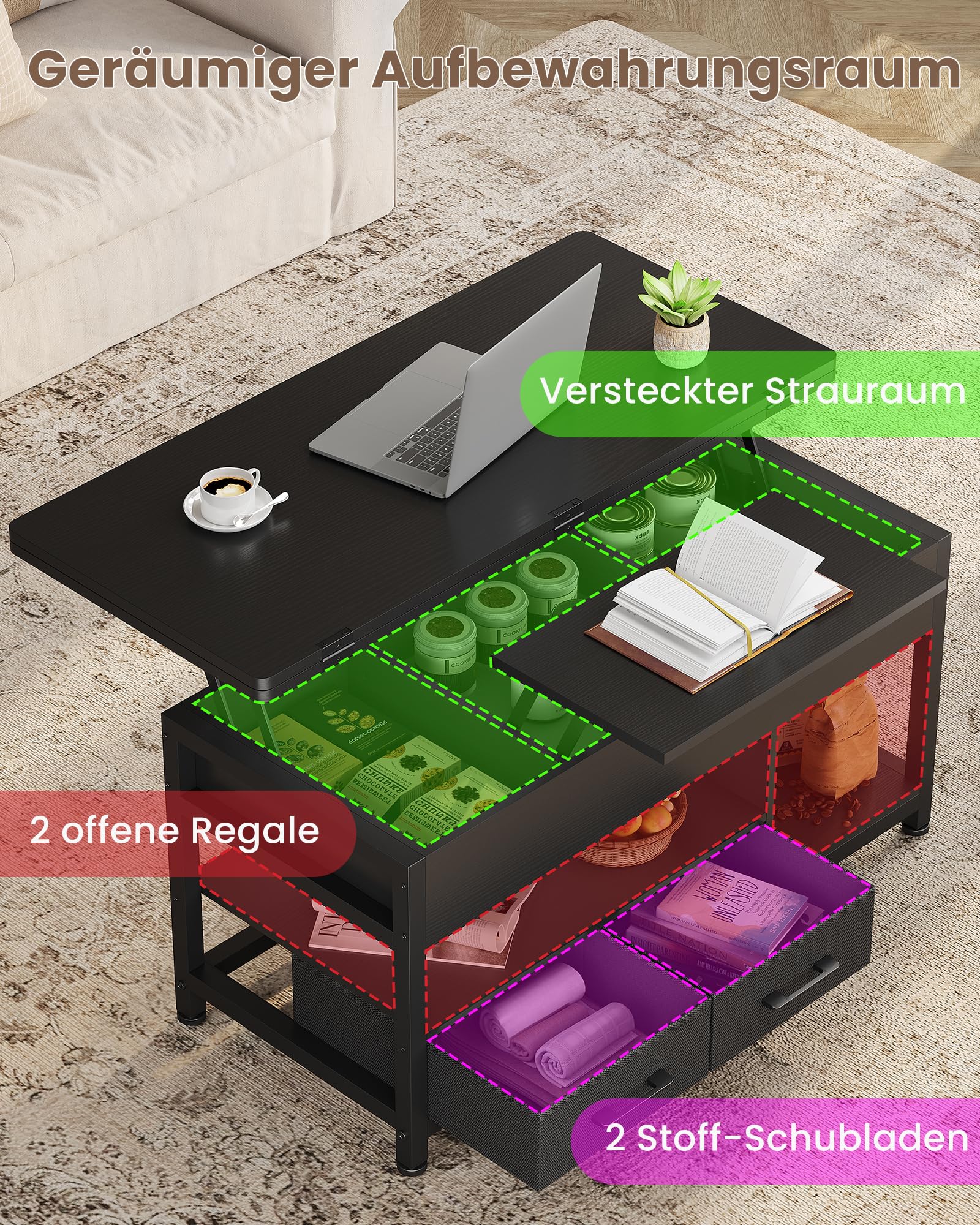 Couchtisch Höhenverstellbar, 3-in-1-Multifunktions-Wohnzimmertisch, Couchtisch mit 2 Schubladen, Kaffeetisch, Versteckte Aufbewahrung, Offenes Fach, Als Esstisch nutzbar, für Wohnzimmer, Büro, Schwarz