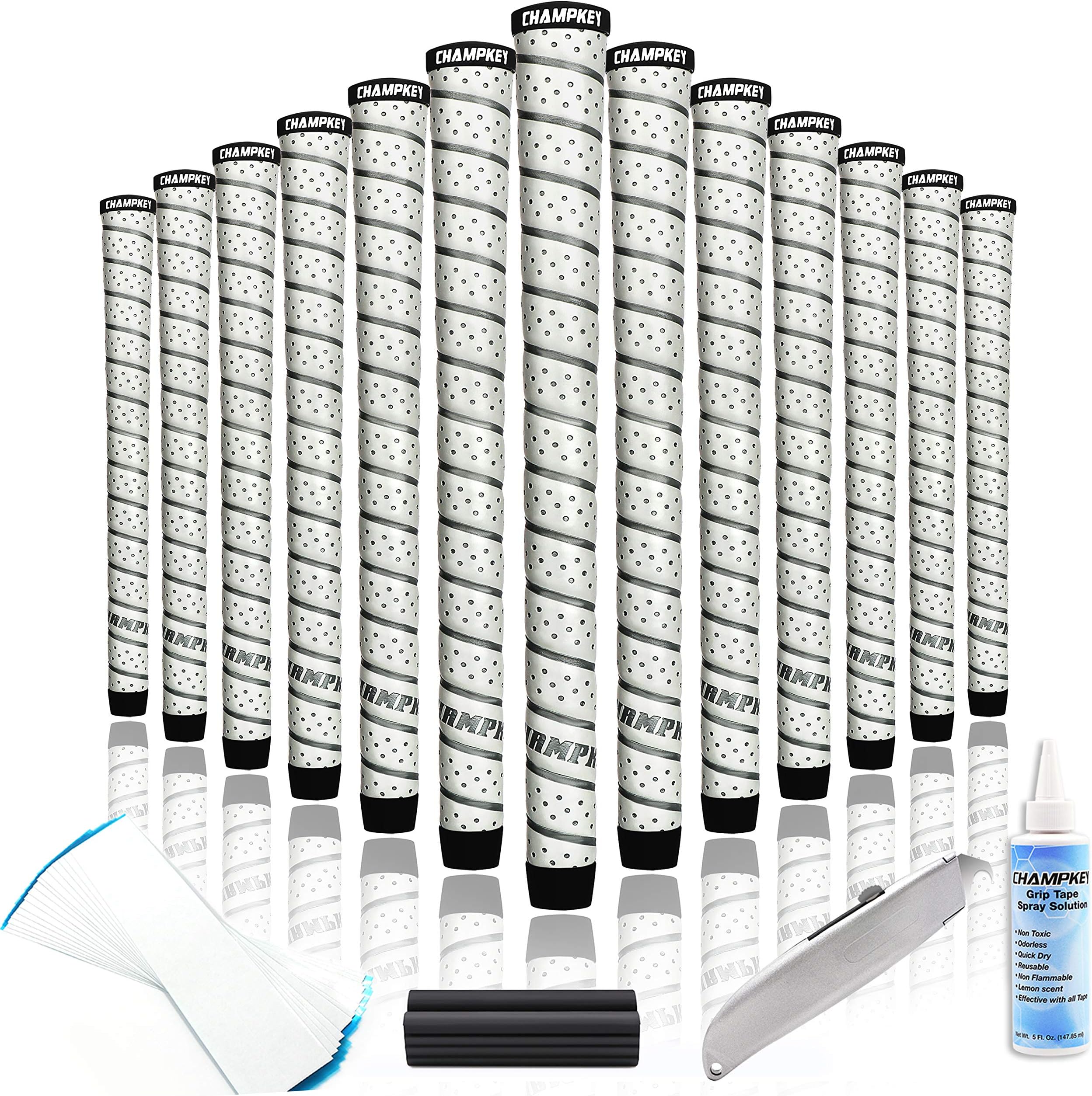 CHAMPKEYPolyurethane Golf Grips 13 Pack | Come with 5 Oz Solvent,Hook Blade,15 Tapes & Vise Clamp | All Weather Performance Golf Club Grips