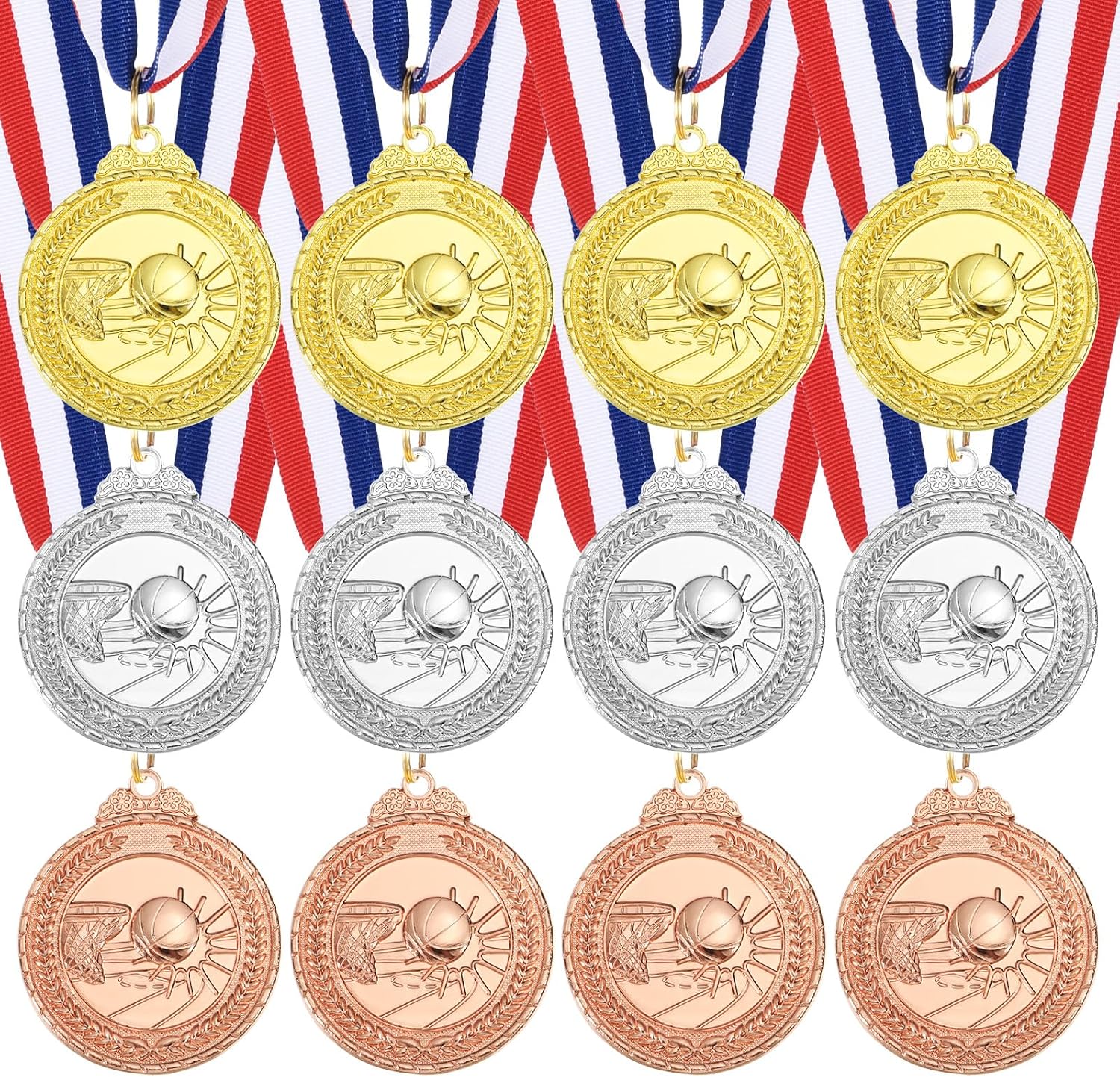 MECCANIXITY Basketball Award Medals 2 Inch, Gold Silver Bronze Award Medals with Neck Ribbon for Team Sports Games Competitions Party Favors 12 Pieces