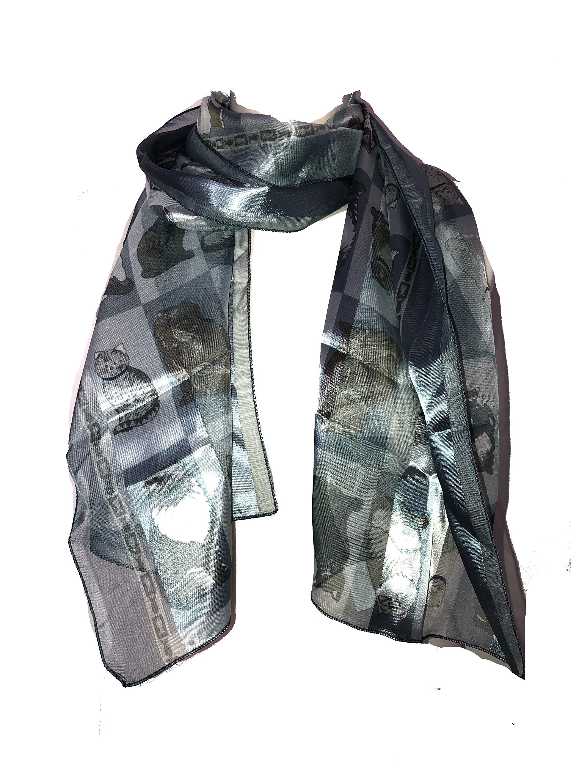 Pamper Yourself Now Women's Grey Shiny Cat Scarf With A Square Design And Multi Coloured Cats. 150Cm X 30Cm