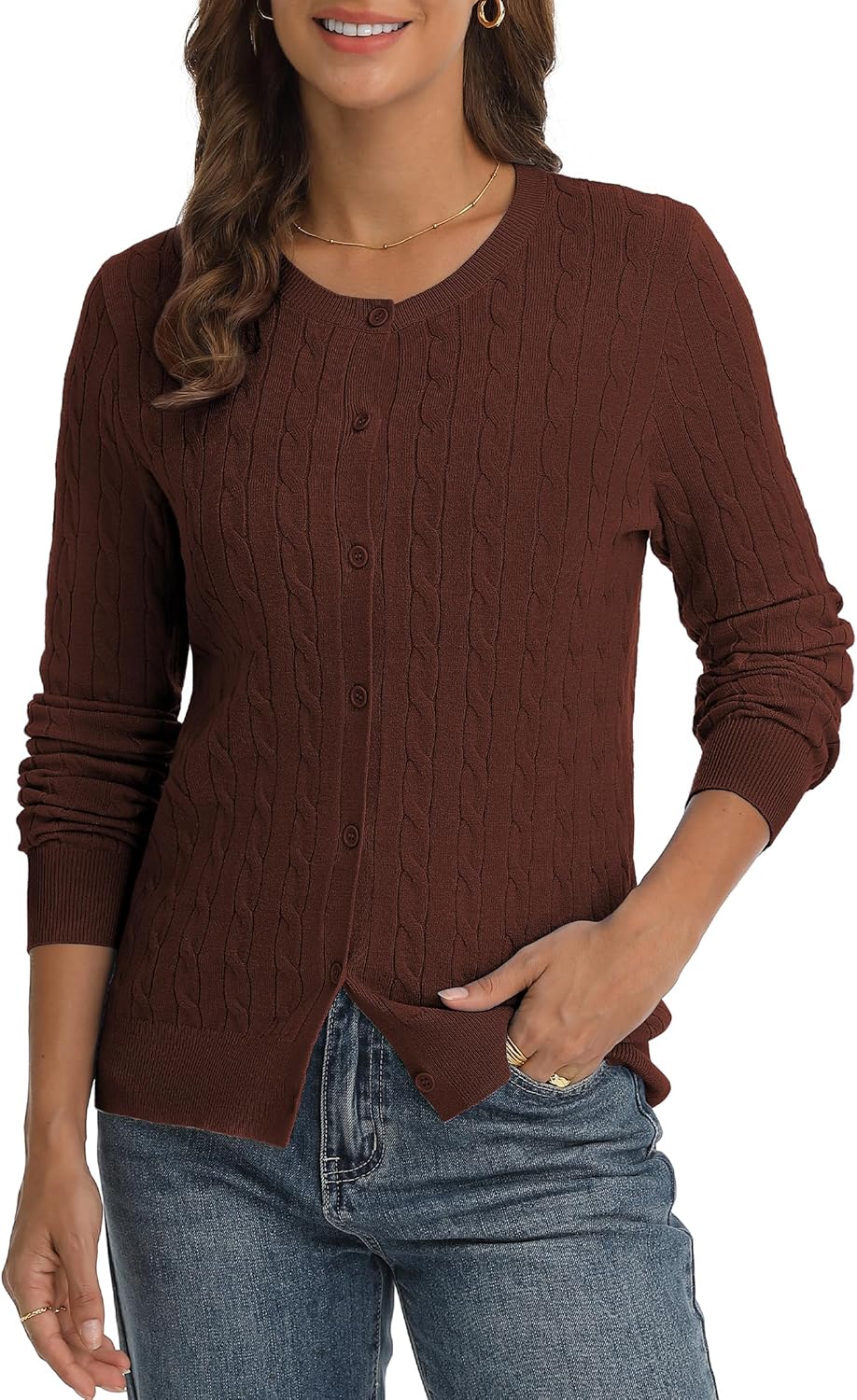 QUALFORT Womens Cable Knit Cardigan Sweaters Long Sleeve Lightweight Crewneck Button Up Sweater 2026 - Image 2