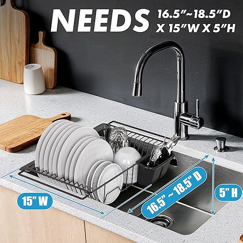 Miniatura 6 de Simple Houseware Escurridor de platos grande de acero inoxidable para encimera con soporte para utensilios, color negro