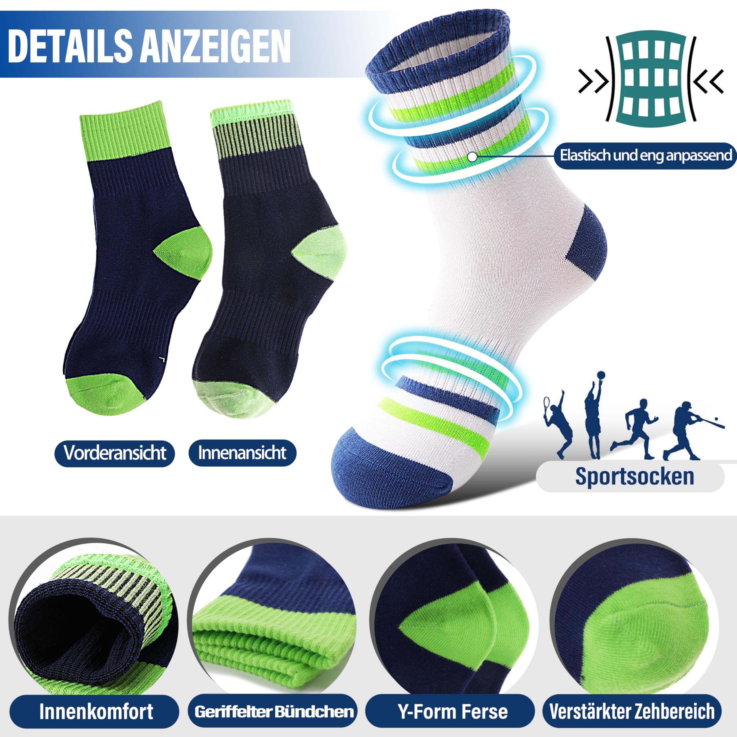 Welwoos Kinder Jungen Socken Sportsocken Atmungsaktiv Laufsocken Kompressions Baumwolle Kindersocken 6 Paare